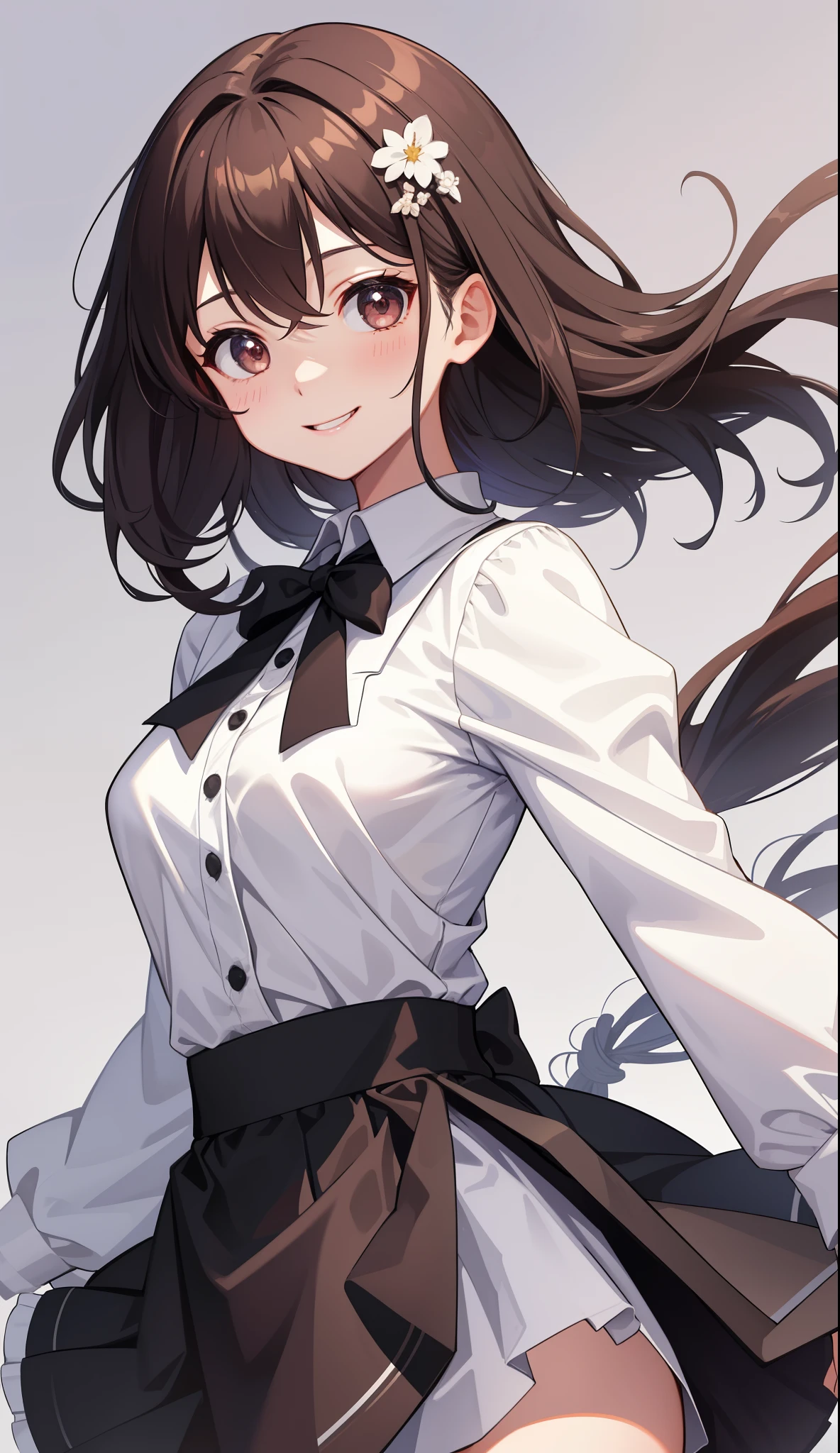 1 girl、as adult、girl、cute、shirt、skirt、apron、hair ornaments、maid、cute下着、(small breasts)(small breasts)、(upper body portrait)、、skirt、jump、smile、