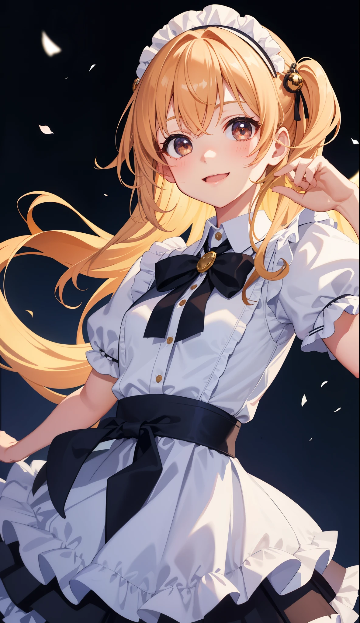 1 girl、as adult、girl、cute、shirt、skirt、apron、hair ornaments、maid、cute下着、(small breasts)(small breasts)、(upper body portrait)、、skirt、jump、smile、