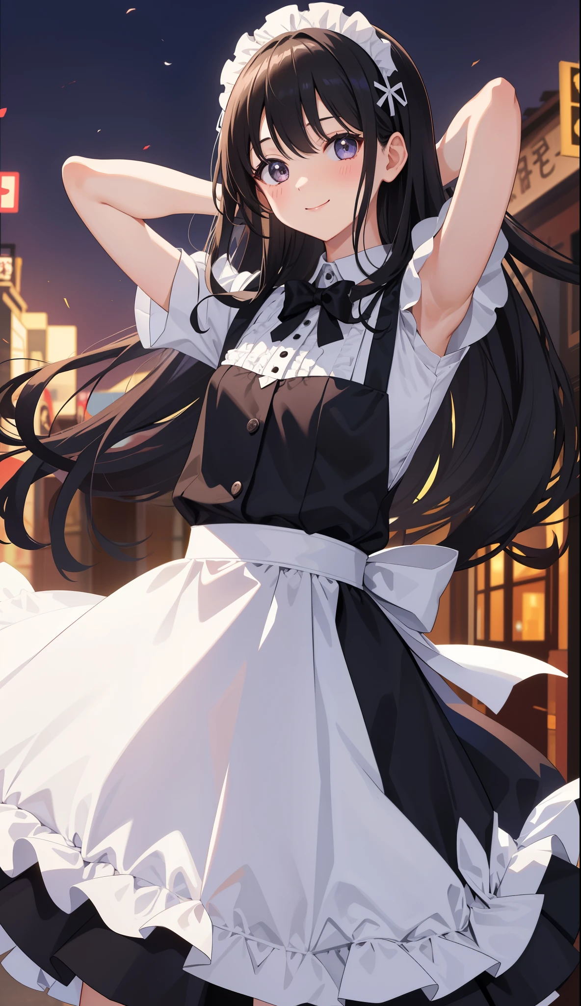 1 girl、as adult、girl、cute、shirt、skirt、apron、hair ornaments、maid、cute下着、(small breasts)(small breasts)、(upper body portrait)、、skirt、jump、smile、