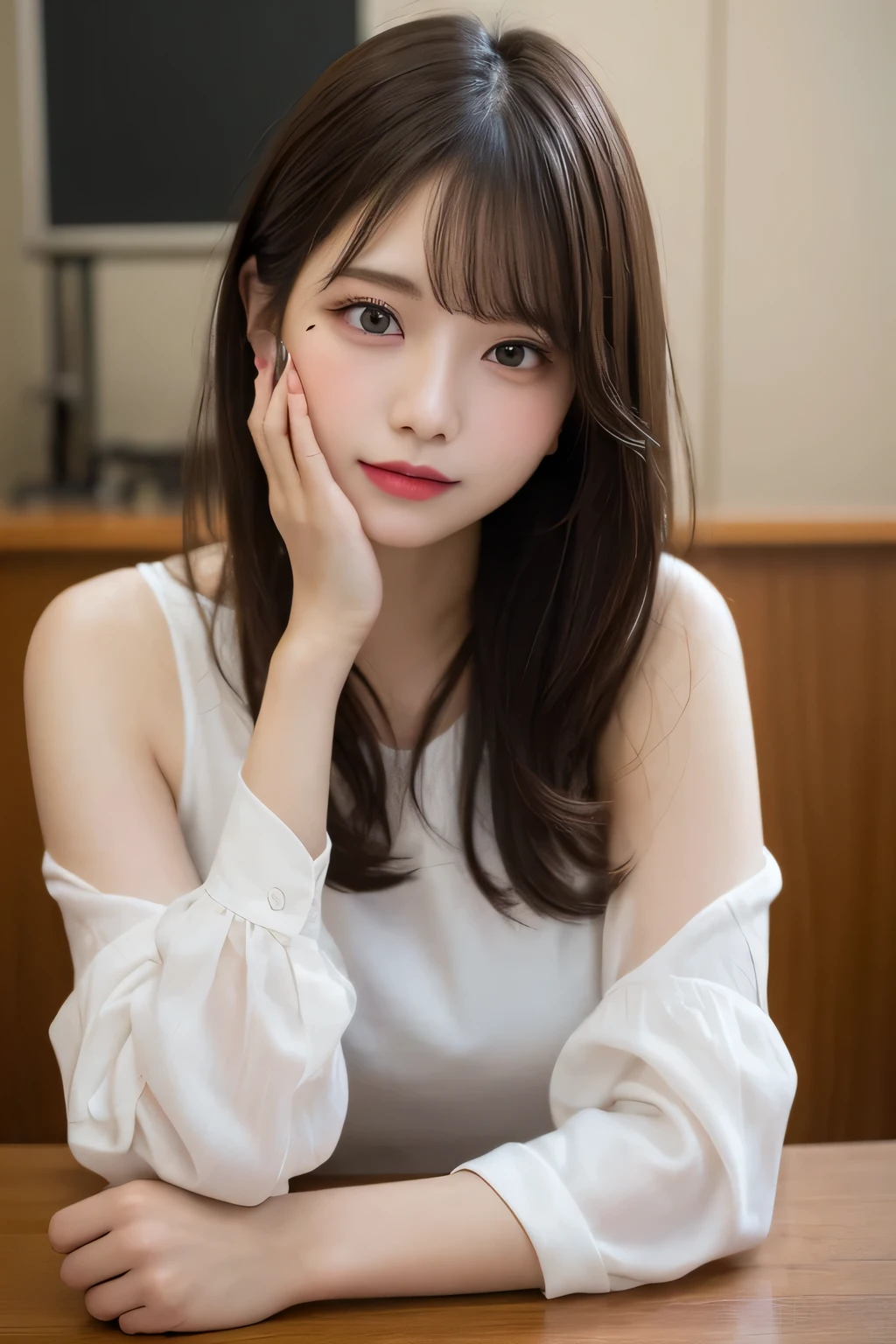 finely, High resolution, high quality、完璧なダイナミックな構shape, finelyて美しい目, medium hair, 、natural color lip,Kamimei、Shibuya Ward、20 year old girl、1 person、transparent skin、shining hair、table top, 最high quality, shape, Super detailed, finely, High resolution, 8k、correct state of the human body、cute pose,messy hair,beautiful feet,perfect beautiful face,KPOP idol face