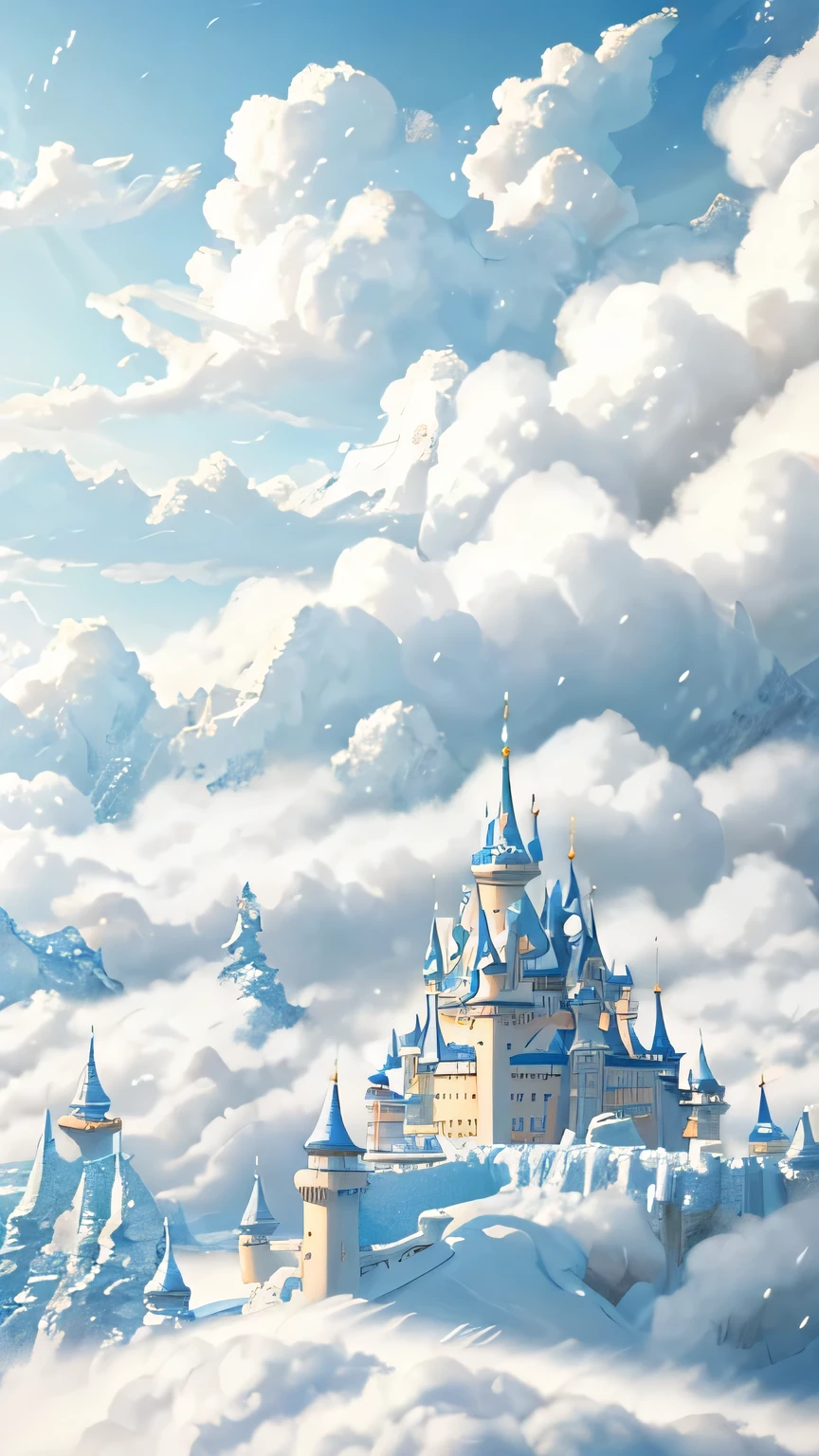 Photo of a snow-capped castle in the sky, In a fairyland of white clouds, A fairyland in the white clouds, flying cloud castle, castle in the clouds, A fairyland above the white clouds, A beautifully detailed fantasy, cloud palace, detailed fantasy digital art, castle made of clouds, 4K high definition digital art, kingdom of light background