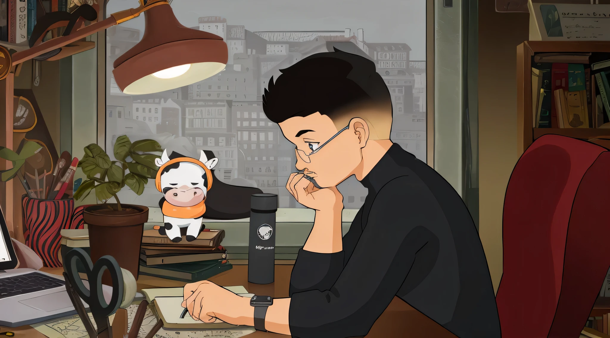 desenho animado de um homem sentado em uma mesa com um laptop e uma vaca, ainda animado, estilo de arte dos desenhos animados, em estilo cartoon, desenho animado ainda, detailed 2d illustration, filme de animation still, animation still, Estilo de arte de desenho animado, 2d illustration, 2d illustration, pintura digital de desenho animado, cartoon style illustration, animation illustrative style, inspirado em Gigado Ashiyuki