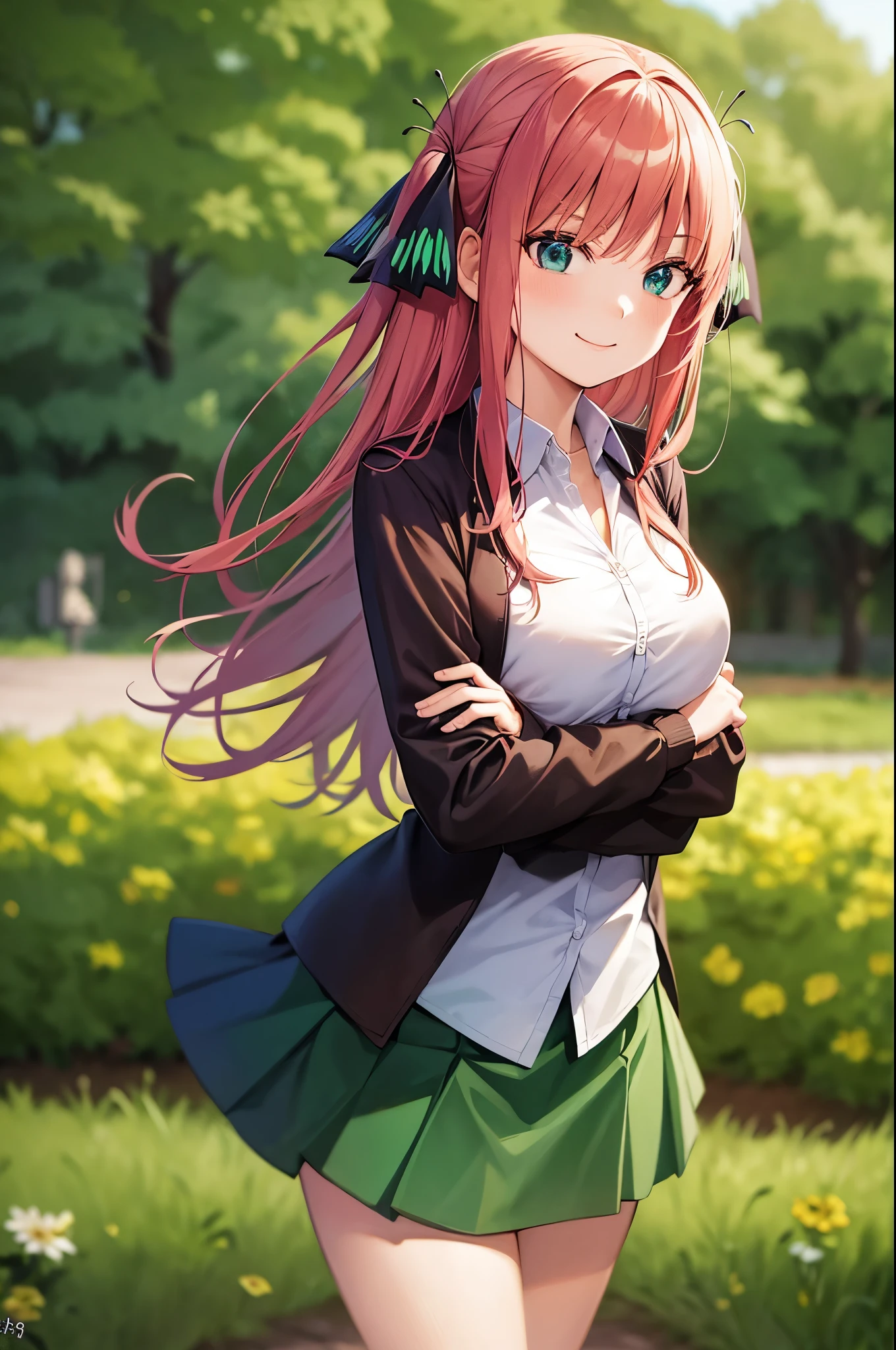 2d, masterpiece, best quality, anime, highly detailed, 1girl, solo, cowboy shot, nakano nino, pink hair, butterfly hair ornament, black cardigan, collared shirt, green skirt, miniskirt, medium breasts, standing, school, outdoors, smile