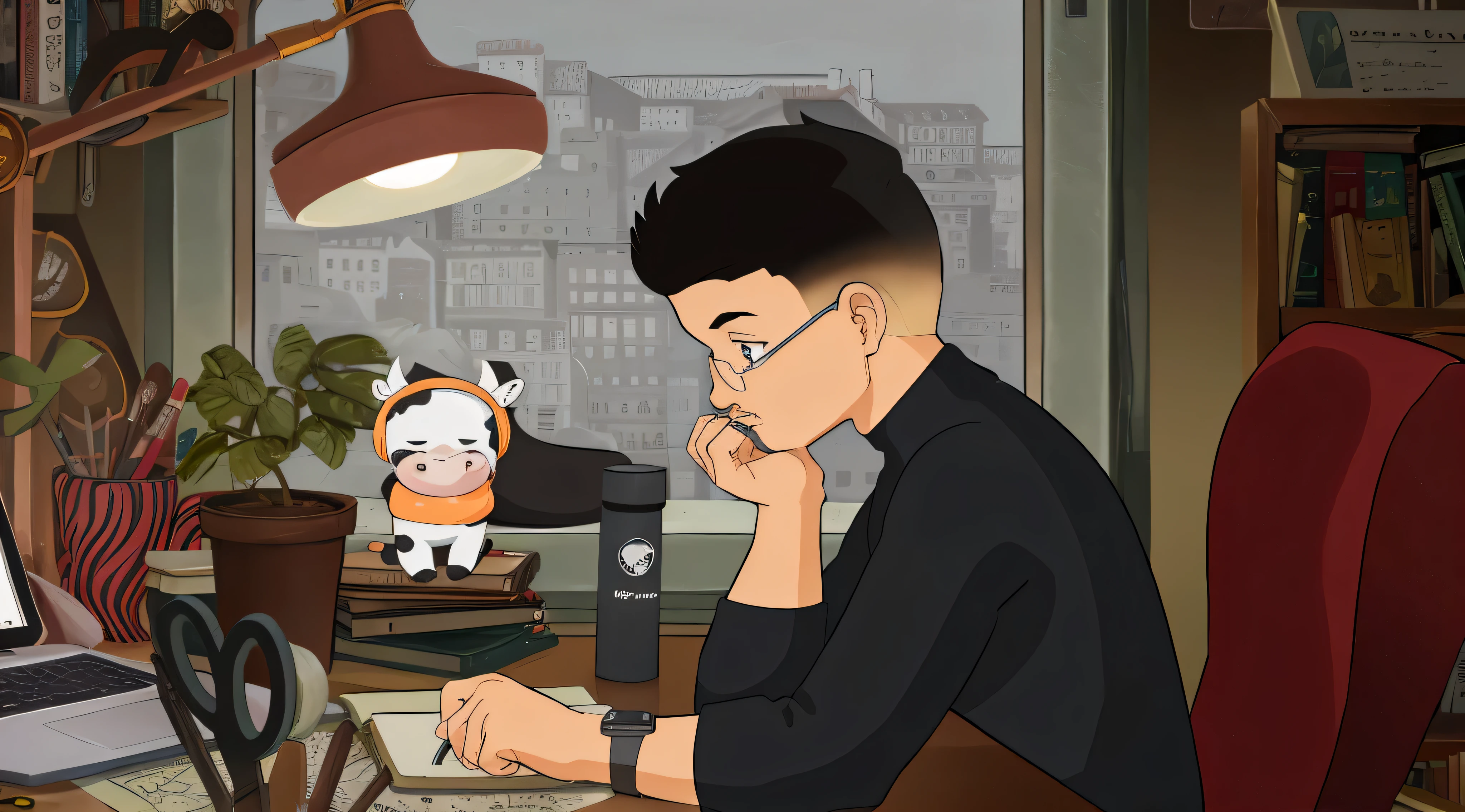 desenho animado de um homem sentado em uma mesa com um laptop e uma vaca, ainda animado, estilo de arte dos desenhos animados, em estilo cartoon, desenho animado ainda, detailed 2d illustration, filme de animation still, animation still, Estilo de arte de desenho animado, 2d illustration, 2d illustration, pintura digital de desenho animado, cartoon style illustration, animation illustrative style, inspirado em Gigado Ashiyuki