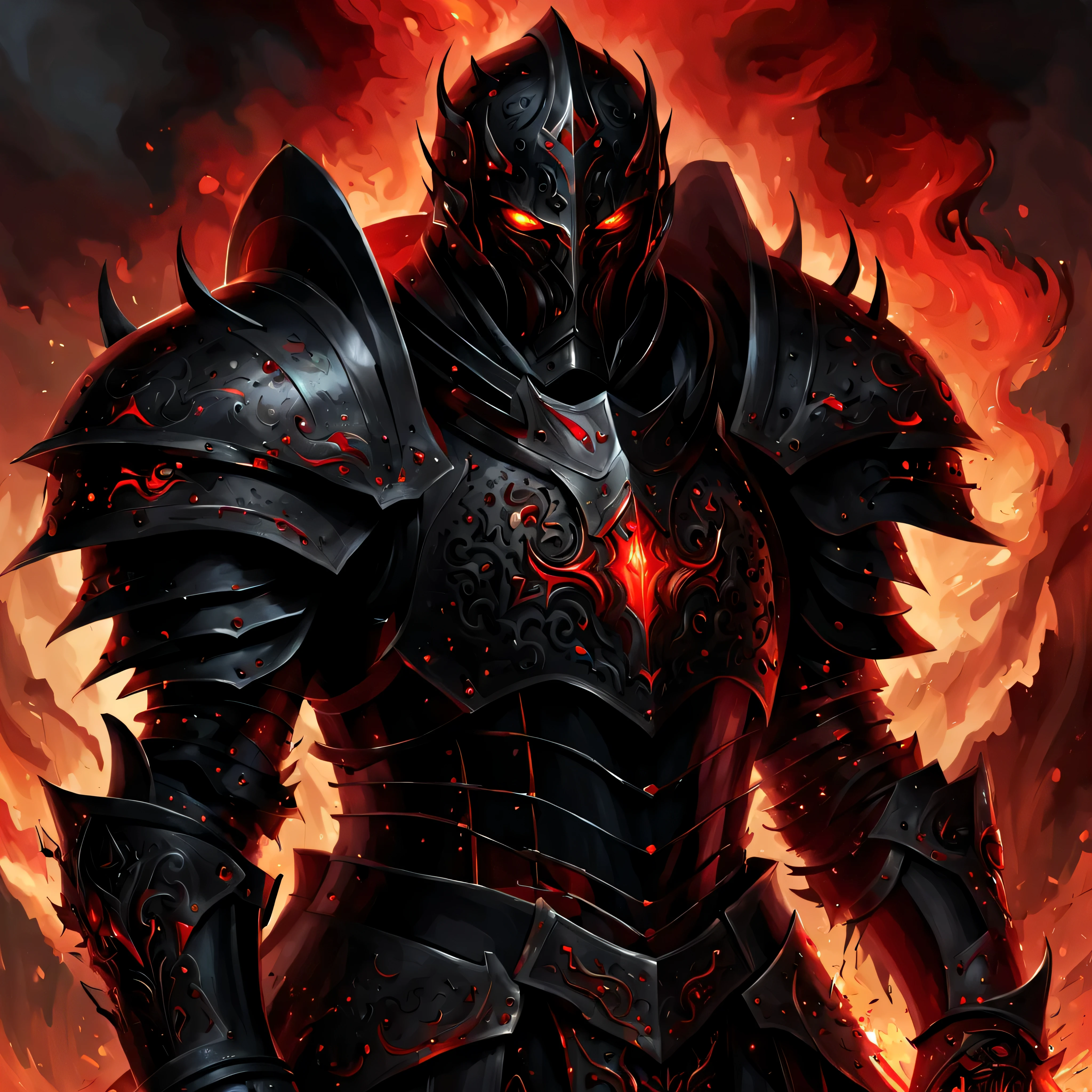 an apocalyptic knight, black epic armor, red burning eyes, Alluring portrait, intricate, highly detailed, digital painting, artstation, naughty, sharp focus,