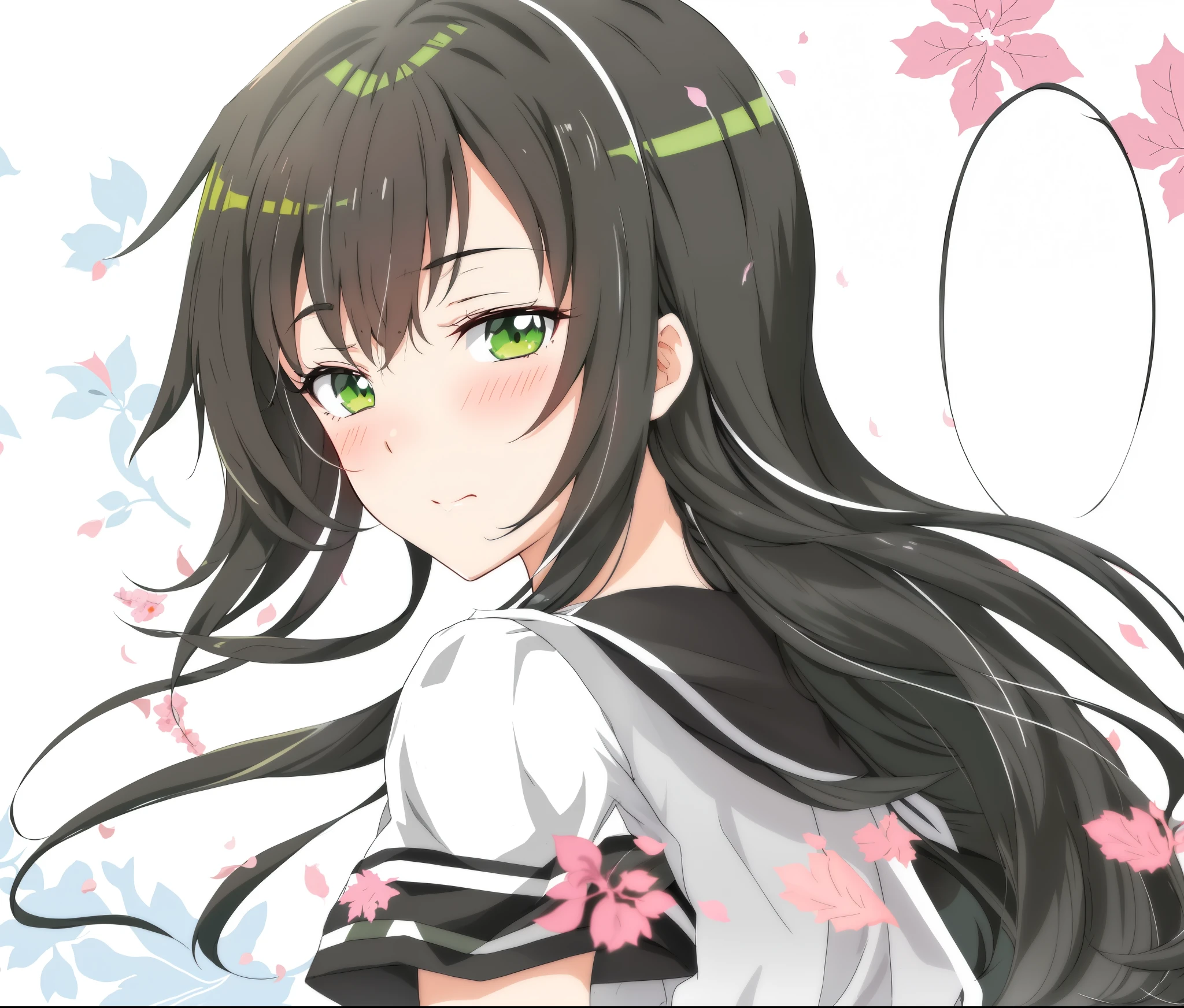 anime girl with long black hair and green eyes and a white shirt, by Jin Homura, inspired by Jin Homura, anime moe artstyle, (anime girl), hestia, yuyushiki, pretty anime girl, close up iwakura lain, anime visual of a cute girl, iwakura lain, shikishi, gapmoe yandere