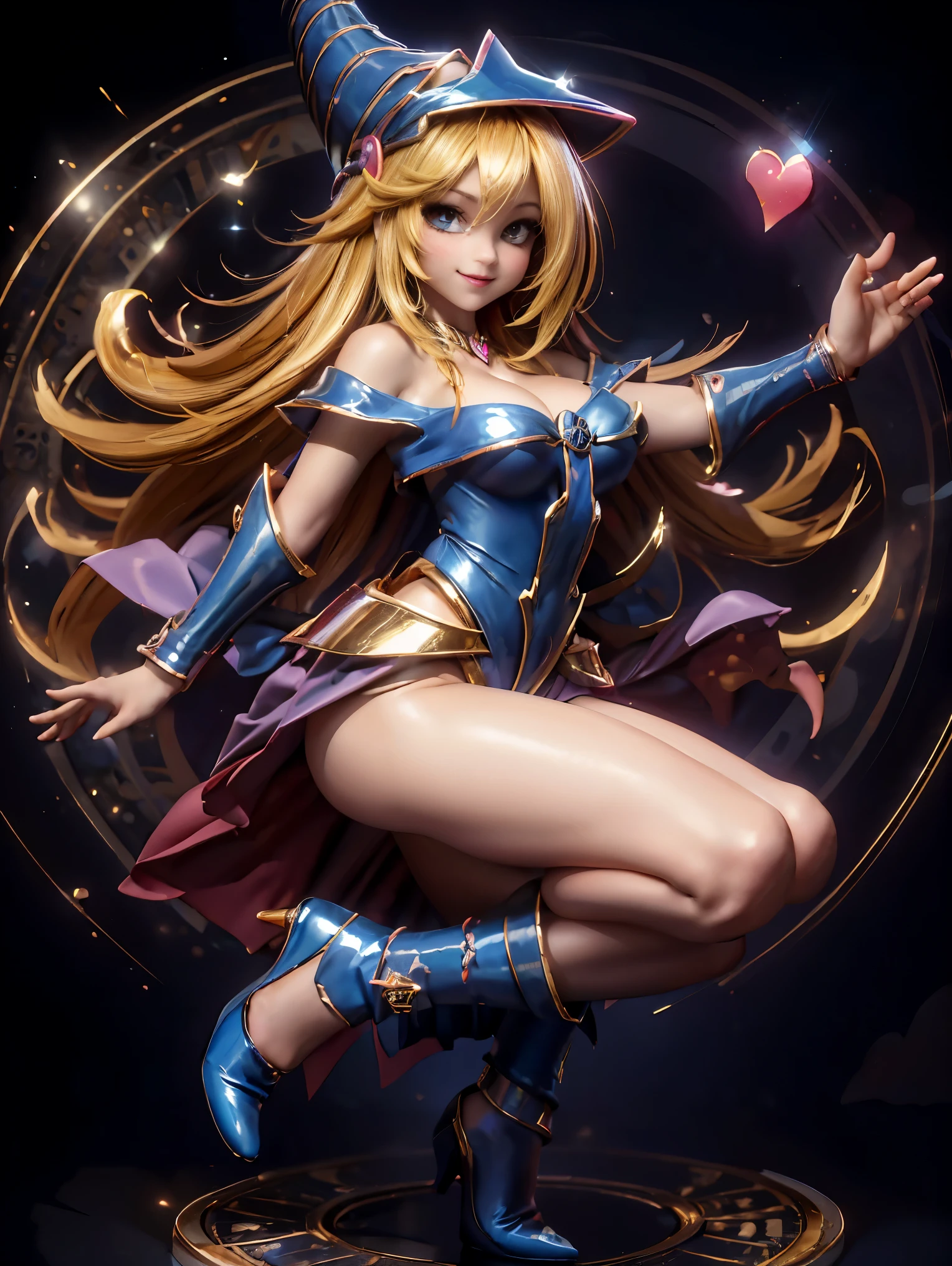 Dark magician gils en el aire, she is standing jumping, Magic hearts background. Sonrisa en sus labios. Ojos celestes. Cabello dorado. Pose sensual. Levitando en una pie. Tiene tacones. 1.1 Usa tacones azules y dorados . Usa tacones 