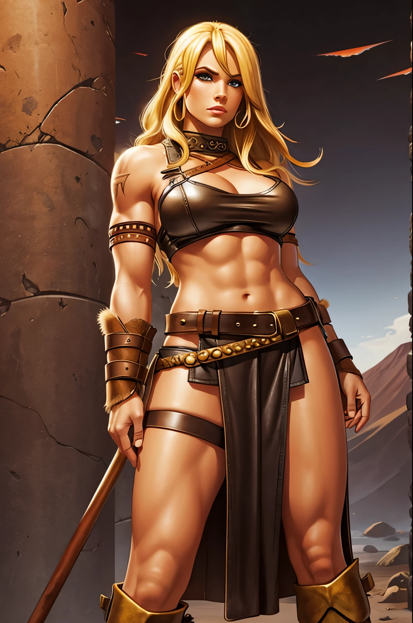 Female barbarian, blonde hair, leather skirt