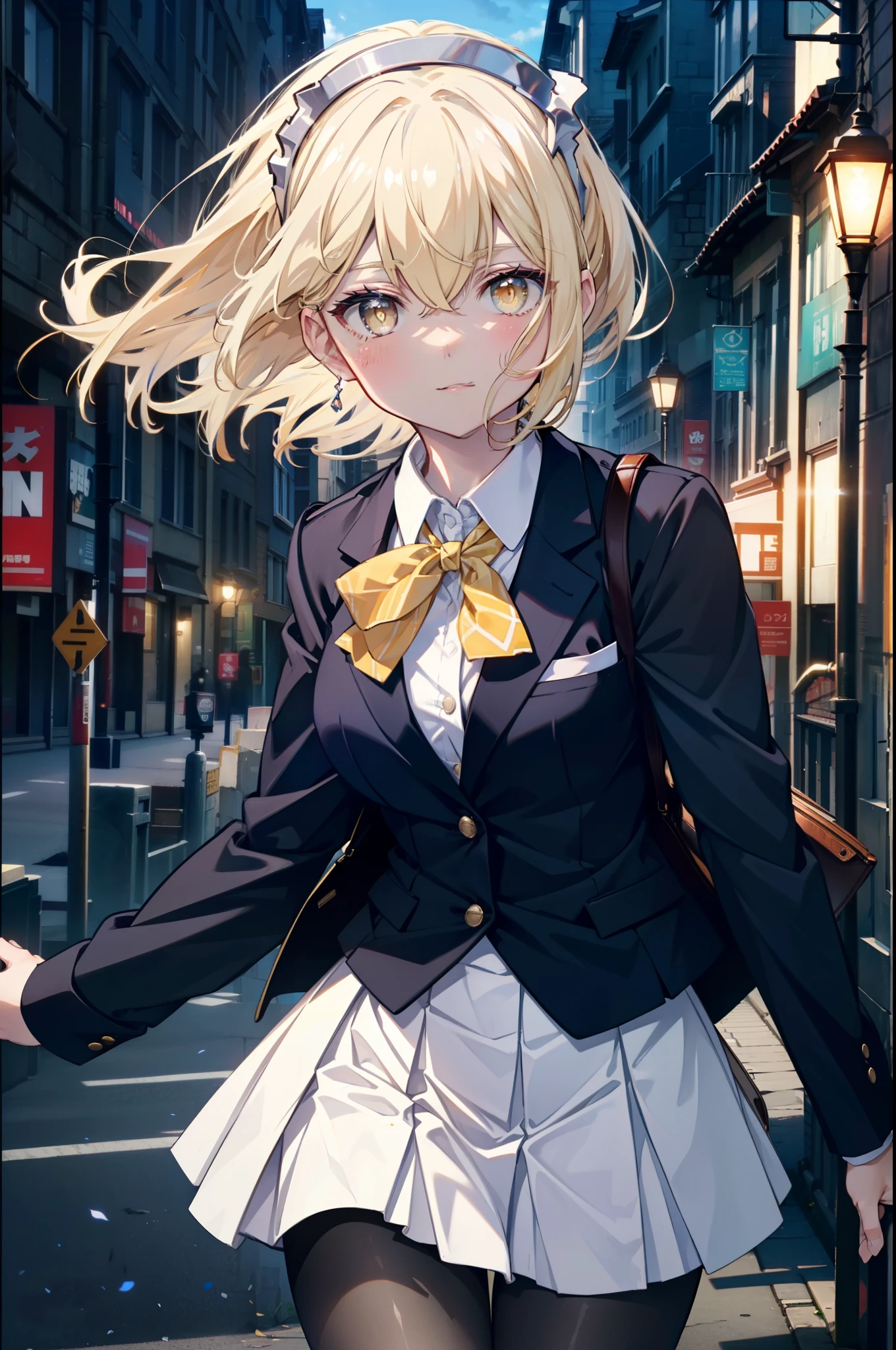 Izwallenstein, Eyes Wallenstein, blonde hair, hair between eyes, White headband, long hair, (yellow eyes:1.5), side lock,smile,blush,school uniform, uniform, blazer, shirt, white shirt, collared shirt, skirt, pleated skirt,black pantyhose,brown loafers,
break looking at viewer,whole body(cowboy shot:1. 5)
break outdoors, In town,building street,
break (masterpiece:1.2), highest quality, High resolution, unity 8k wallpaper, (figure:0.8), (detailed and beautiful eyes:1.6), highly detailed face, perfect lighting, Very detailed CG, (perfect hands, perfect anatomy),