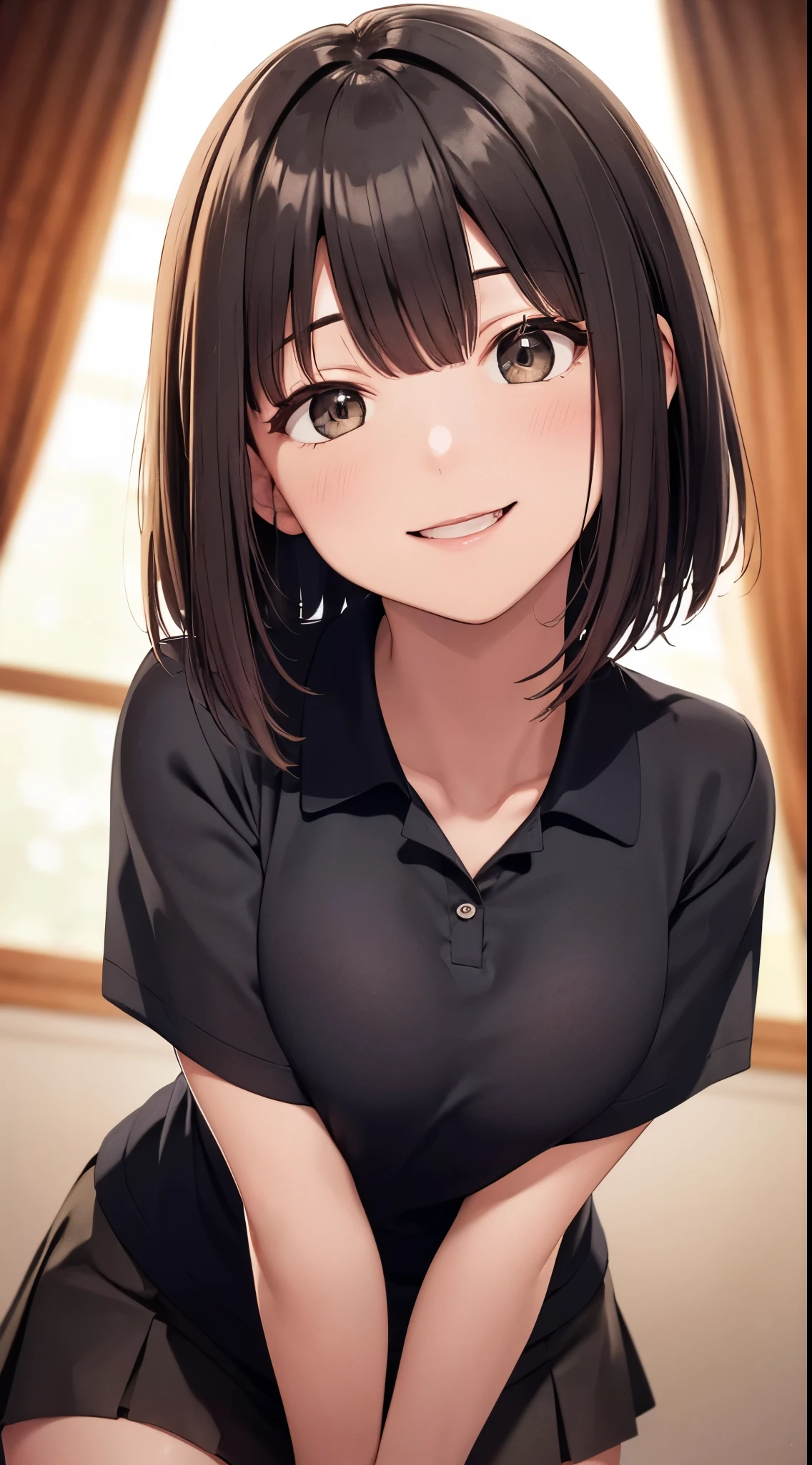 best quality, detailed face, 1girl, middle breast, smile, black polo shirt, gray miniskirt, good anatomy, looking at viewer, soft focus, cinematic lighting, depth of field, ((happy expression)), middle hair, from below side