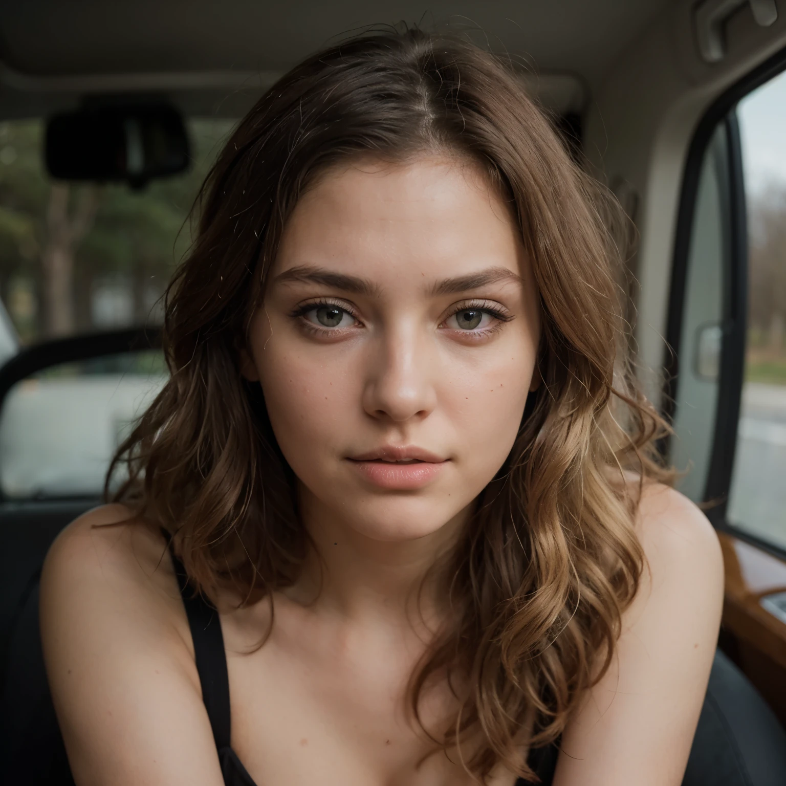 a 19 year old blonde woman and long hair staring frightenly at the camera, sad, fit and feminine figure, firm and generous breasts, necklace, in a nocturnal bus, tank top, sit, from above, looking at viewer. backlit portrait, realistic face moody lighting, backlit face, portrait soft light, backlit beautiful face, portrait soft low light, close - up portrait shot, dramatic light on face, cinematic portrait, medium portrait soft light,, beautiful portrait lighting, light falling on face