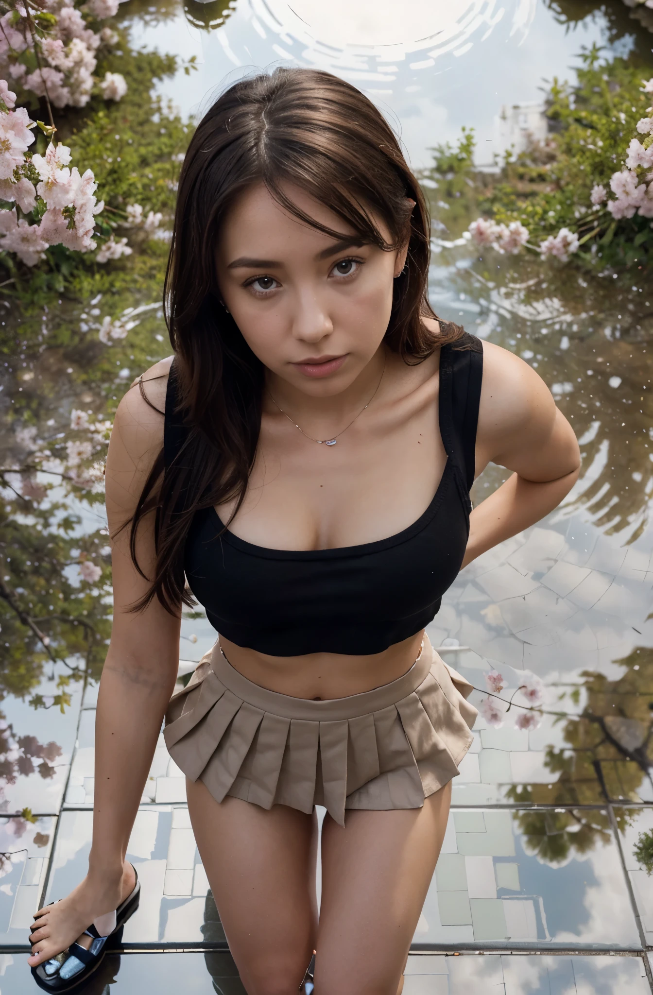 Crystal rae, European, close-up of faces, tank top with plunging neckline, sweatshirt, tiny pleated skirt, heeled sandals, extremely high angle shot, top view of girl, park background, trees, cherry blossom, mirrored floor with reflections, ray tracing, HDR