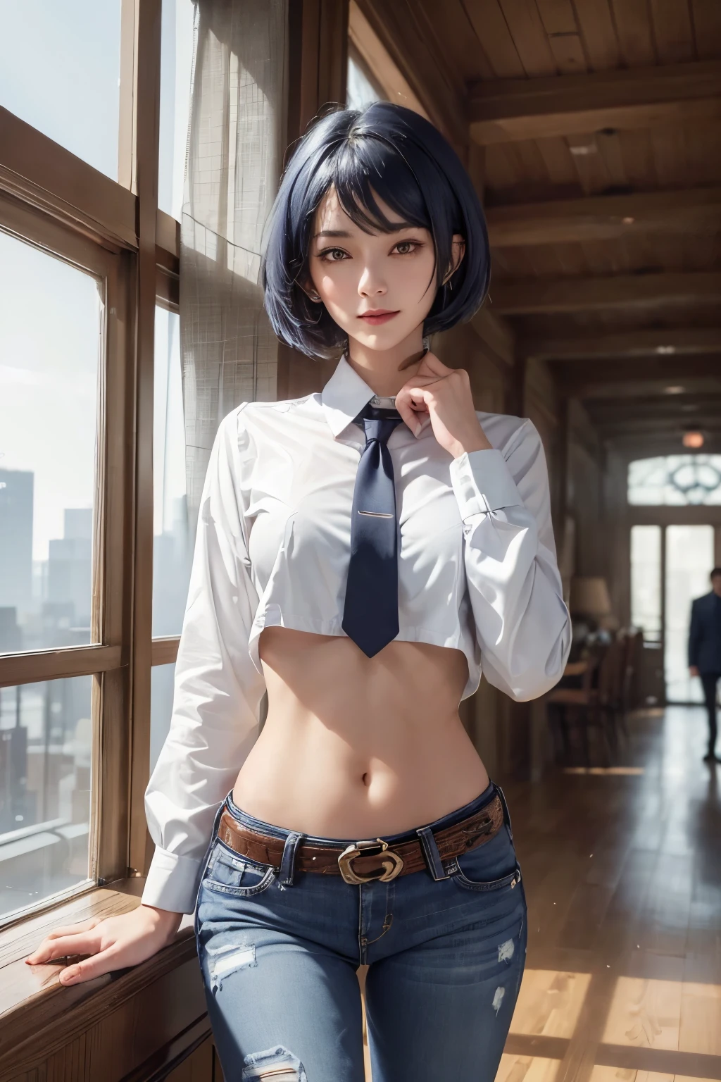 thick outlines, (vibrant shadows), deep shadows, detailed eyes, full height, (high quality), high detailed background, (realistic shadows), HD shadows, masterpiece, high detailed face, high detailed finger, older girl, ((megane)), (((dark blue hair))), ((ahoge)), (yellow eyes), ((disheveled hair)), ((short hair)), (((skinny body))), (slim waist), ((narrow hips)), skinny legs, (slender legs), androginus, medium breast, 2 girl, ((identical twins)), (twins), ((yuri)), (realistic style), curvy, busines suit, naked jacket, thight pants, thight jacket