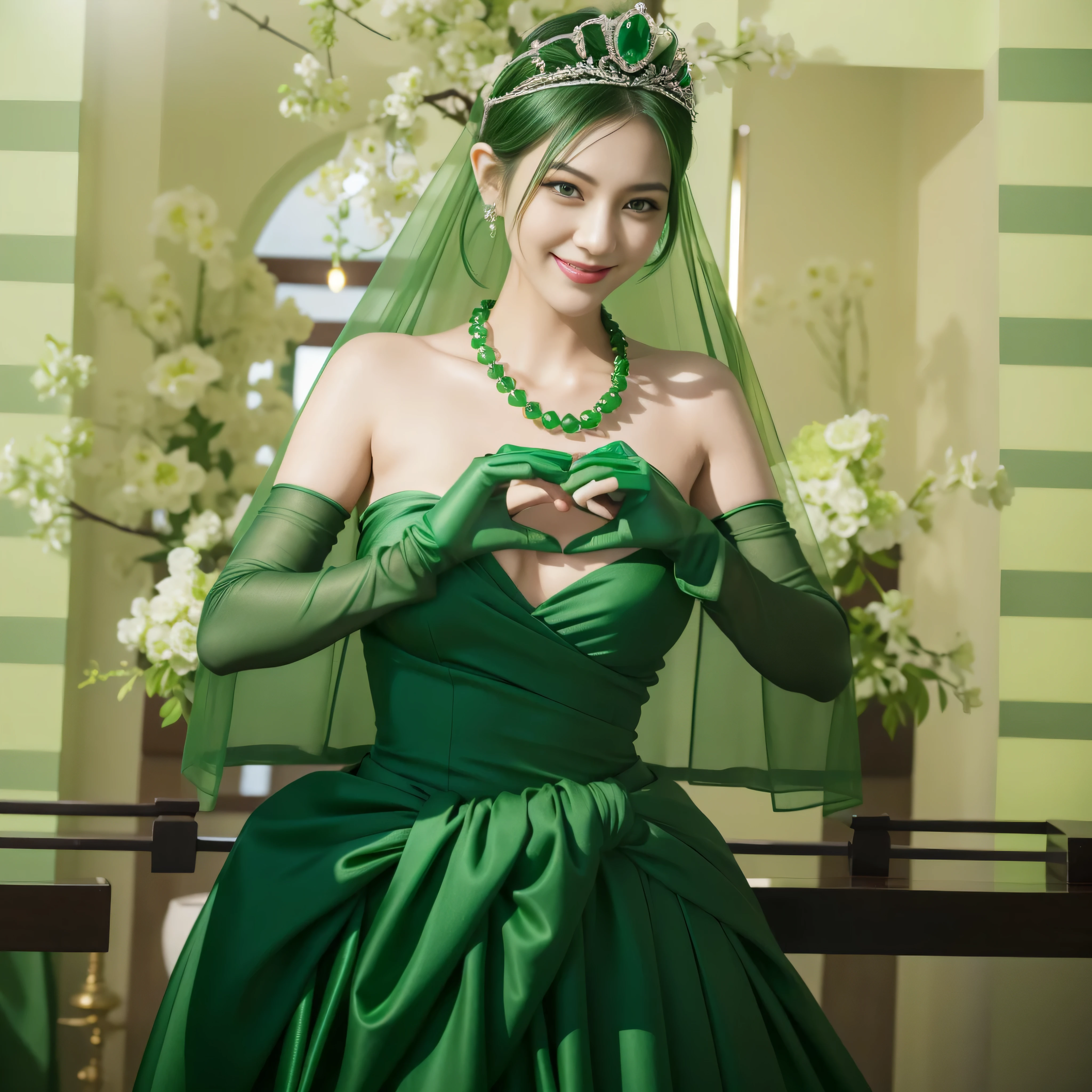 emerald tiara, Green Pearl Necklace, Boyish green berry short hair, lipstick, smiling Japanese woman, very short hair, big breasts beautiful, green eyes, green satin long gloves, green eyes, v sign, emerald earrings, Green veil, green lip gloss