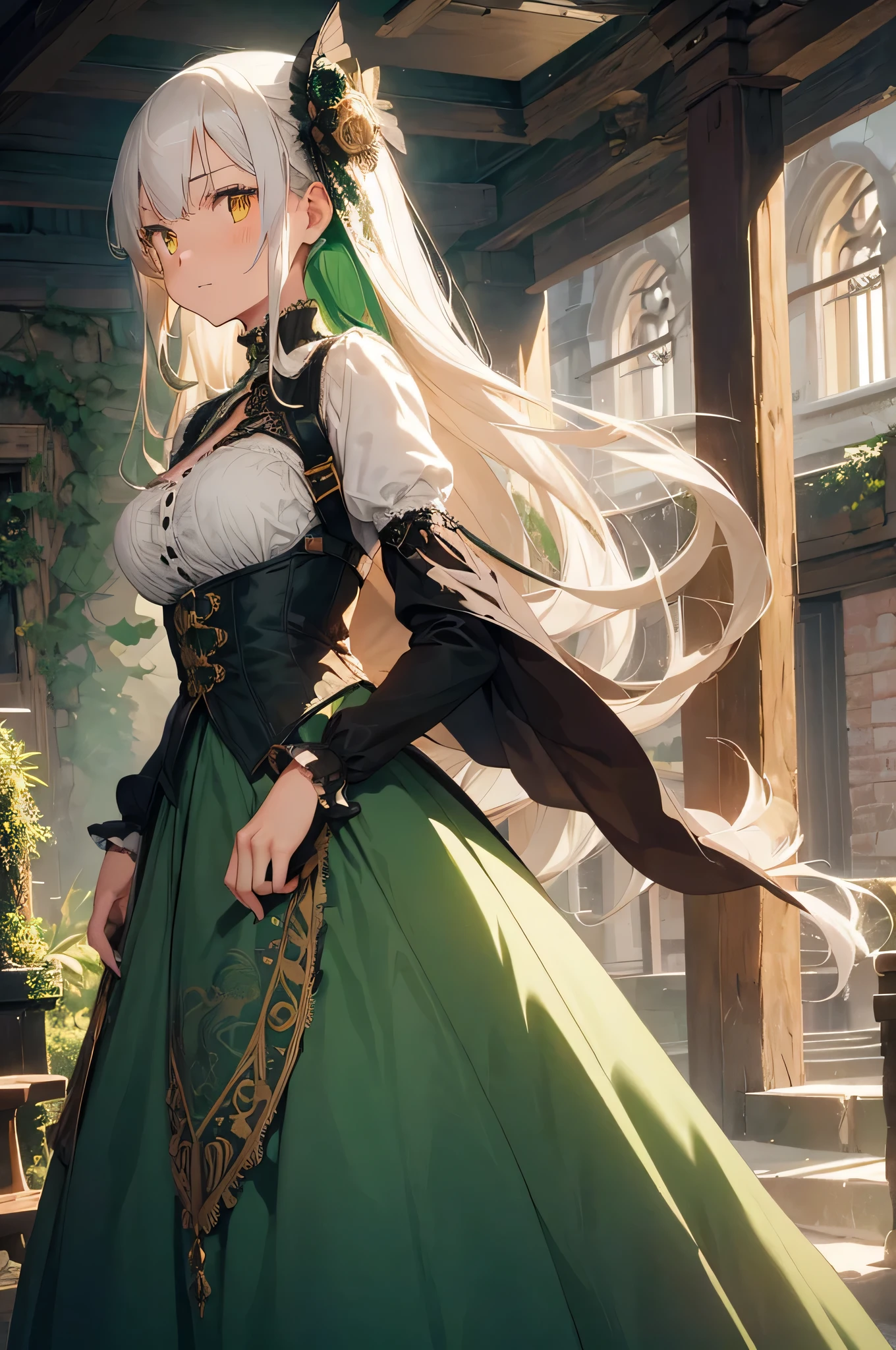 1girl, 18 years old, extremely long straight white hair with green tips, orange eyes, formfitting white Victorian bodice, extremely long full green Victorian skirt, steampunk aesthetic, intricate lace details, gears and cogs, brass accents, corseted waist, alchemist themes, vibrant and rich color palette, warm and glowing lighting, fantastical Victorian-themed garden backdrop