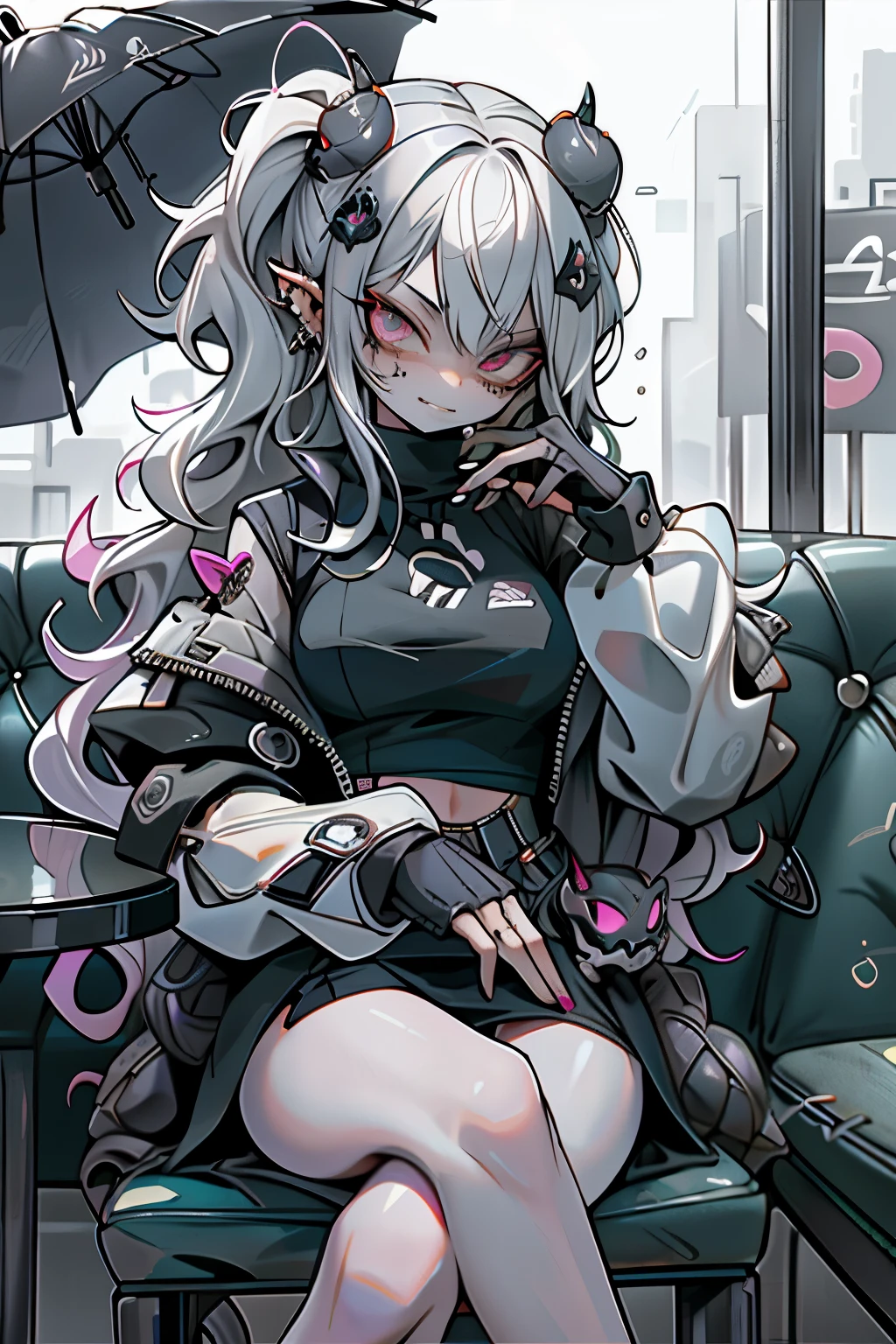 beautiful woman in black turtle neck sitting outside a fancy restaurant with umbrella, white long hair, night, raining, bad girl, evil, cute rizz smirk, deph filled
