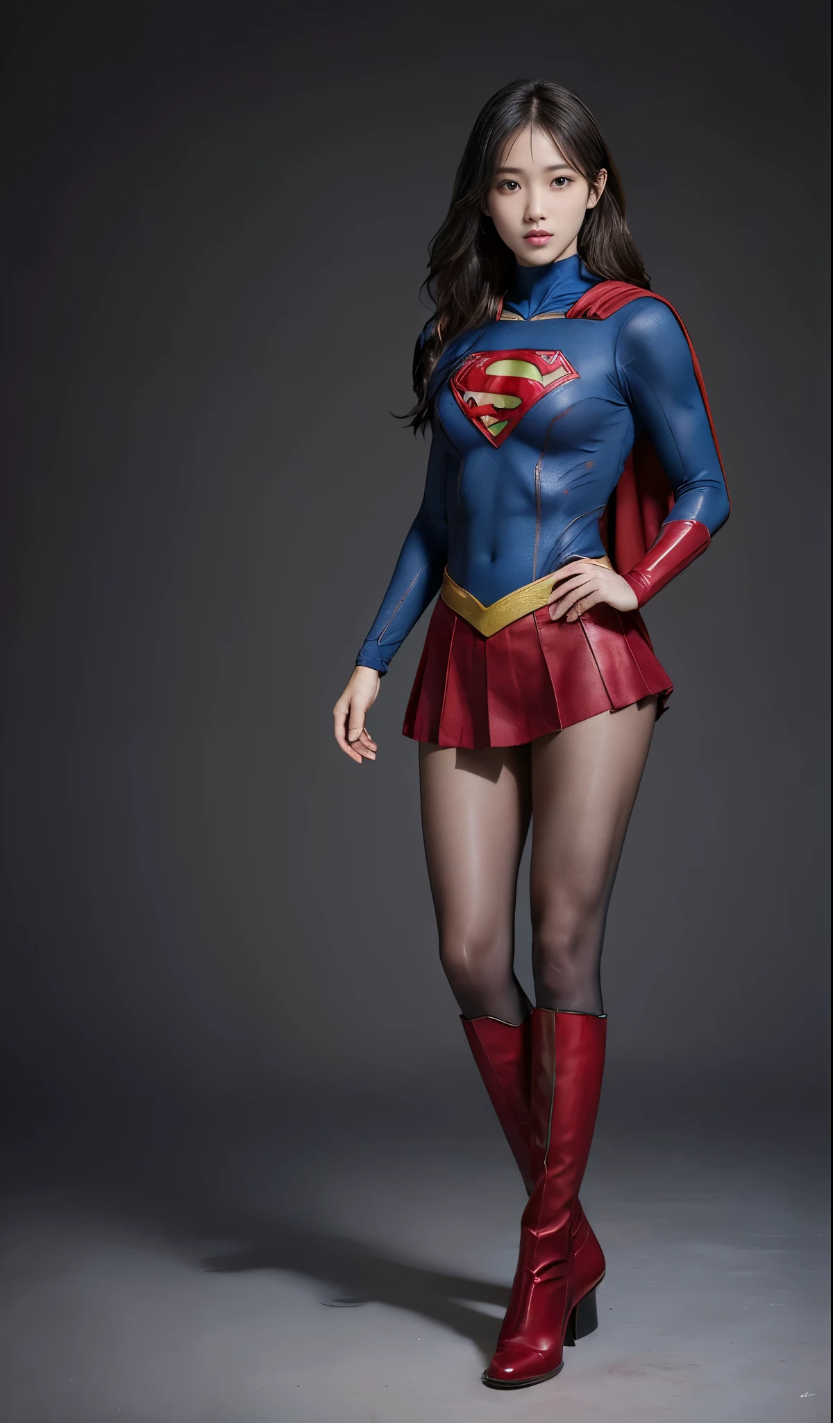 no background、(((Wear black tights on your beautiful legs.)))、(((Legally Express Your Suffering Beauty)))、((((Make the most of your original images)))、(((supergirl costume)))、(((beautiful hair)))、(((suffering)))、(((Black tights must be worn on the legs)))、(((must wear red boots)))、((best image quality、8K))、((highest quality、8K、masterpiece:1.3))、(((keep background )))、sharp focus:1.2、beautiful woman with perfect figure:1.4、thin abs:1.2、wet body:1.5、Highly detailed face and skin texture、8K