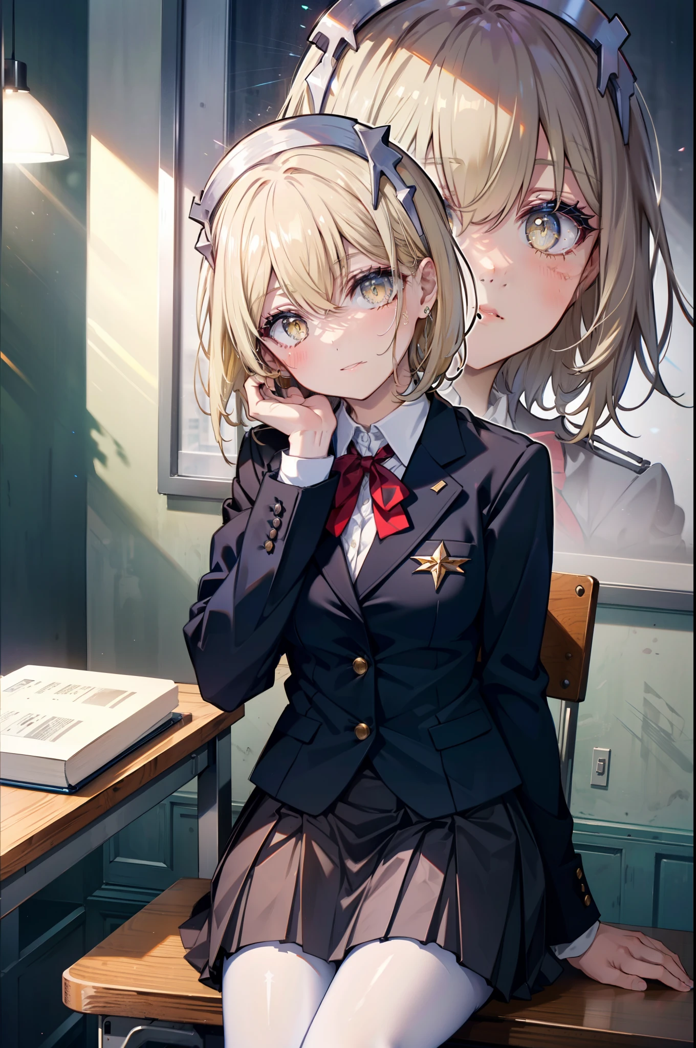 Izwallenstein, Eyes Wallenstein, blonde hair, hair between eyes, White headband, long hair, (yellow eyes:1.5), side lock,smile,blush,school uniform, uniform, blazer, shirt, white shirt, collared shirt, skirt, pleated skirt,black pantyhose,brown loafers,There is an open textbook on the desk,He rests his right elbow on the desk and rests his chin on it.,sitting in a chair,
break looking at viewer,whole body(cowboy shot:1. 5)
break indoors, classroom,
break (masterpiece:1.2), highest quality, High resolution, unity 8k wallpaper, (figure:0.8), (detailed and beautiful eyes:1.6), highly detailed face, perfect lighting, Very detailed CG, (perfect hands, perfect anatomy),