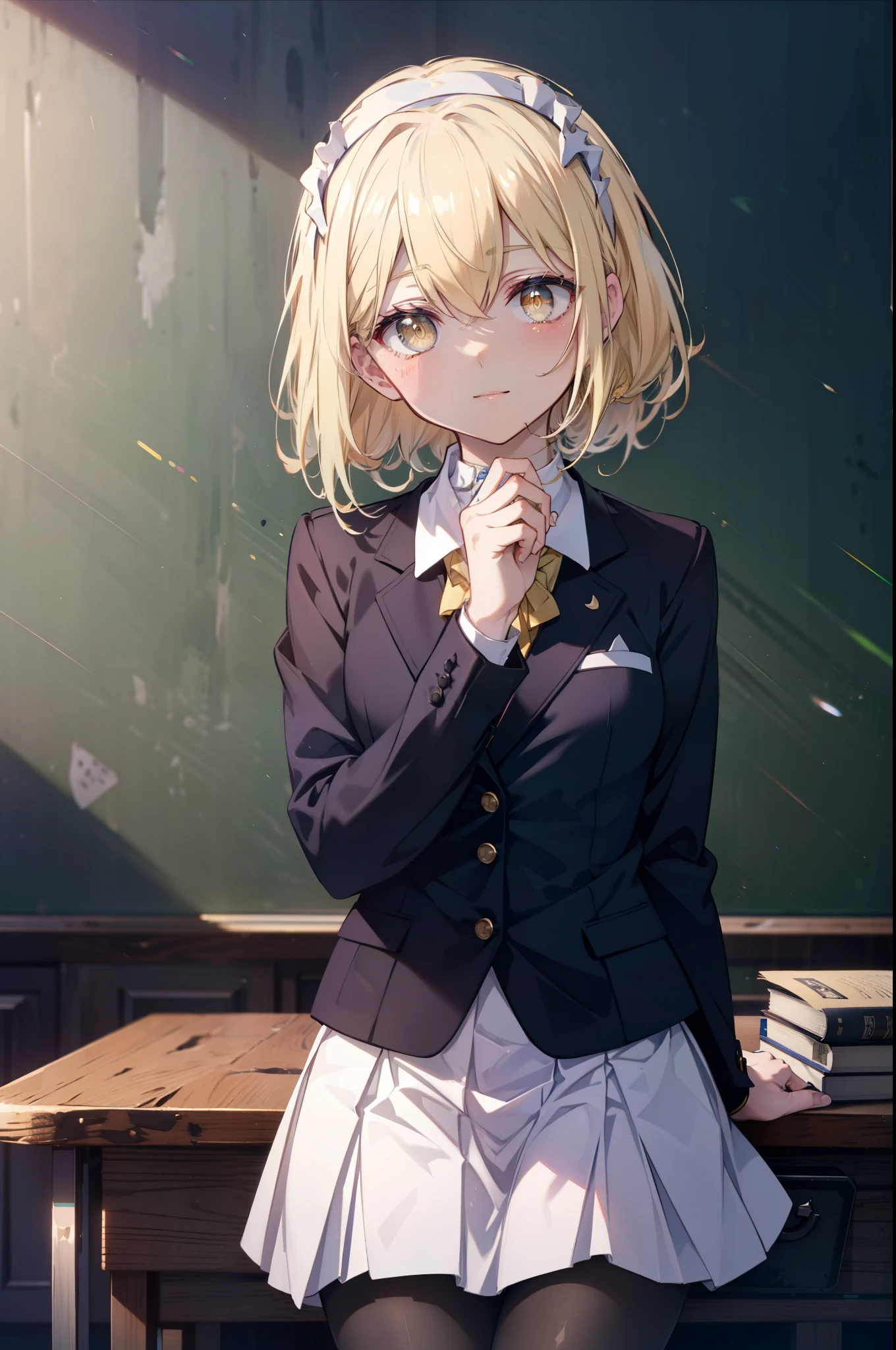 Izwallenstein, Eyes Wallenstein, blonde hair, hair between eyes, White headband, long hair, (yellow eyes:1.5), side lock,smile,blush,school uniform, uniform, blazer, shirt, white shirt, collared shirt, skirt, pleated skirt,black pantyhose,brown loafers,There is an open textbook on the desk,He rests his right elbow on the desk and rests his chin on it.,sitting in a chair,
break looking at viewer,whole body(cowboy shot:1. 5)
break indoors, classroom,
break (masterpiece:1.2), highest quality, High resolution, unity 8k wallpaper, (figure:0.8), (detailed and beautiful eyes:1.6), highly detailed face, perfect lighting, Very detailed CG, (perfect hands, perfect anatomy),