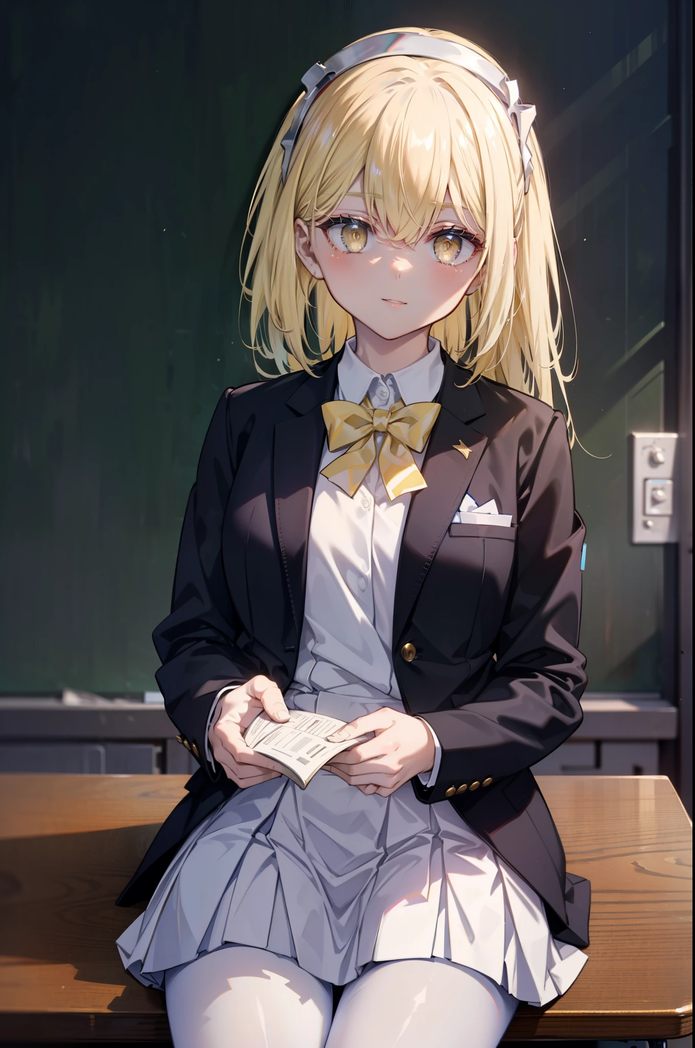 Izwallenstein, Eyes Wallenstein, blonde hair, hair between eyes, White headband, long hair, (yellow eyes:1.5), side lock,smile,blush,school uniform, uniform, blazer, shirt, white shirt, collared shirt, skirt, pleated skirt,black pantyhose,brown loafers,There is an open textbook on the desk,He rests his right elbow on the desk and rests his chin on it.,sitting in a chair,
break looking at viewer,whole body(cowboy shot:1. 5)
break indoors, classroom,
break (masterpiece:1.2), highest quality, High resolution, unity 8k wallpaper, (figure:0.8), (detailed and beautiful eyes:1.6), highly detailed face, perfect lighting, Very detailed CG, (perfect hands, perfect anatomy),