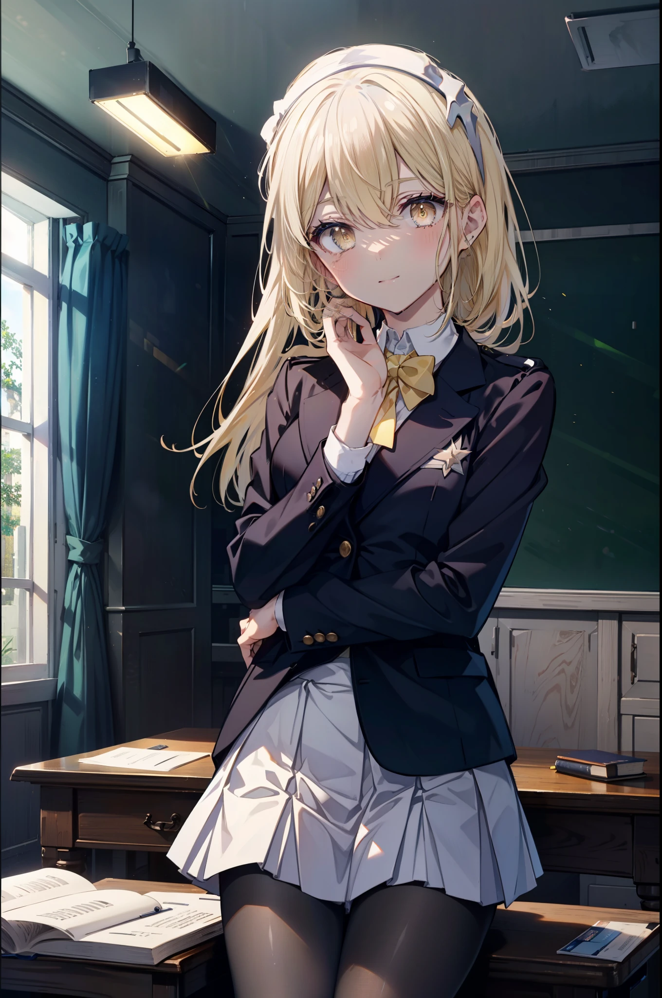 Izwallenstein, Eyes Wallenstein, long hair,blonde hair, hair between eyes, White headband, (yellow eyes:1.5), side lock,smile,blush,school uniform, uniform, blazer, shirt, white shirt, collared shirt, skirt, pleated skirt,black pantyhose,brown loafers,There is an open textbook on the desk,He rests his right elbow on the desk and rests his chin on it.,sitting in a chair,
break looking at viewer,whole body(cowboy shot:1. 5)
break indoors, classroom,
break (masterpiece:1.2), highest quality, High resolution, unity 8k wallpaper, (figure:0.8), (detailed and beautiful eyes:1.6), highly detailed face, perfect lighting, Very detailed CG, (perfect hands, perfect anatomy),