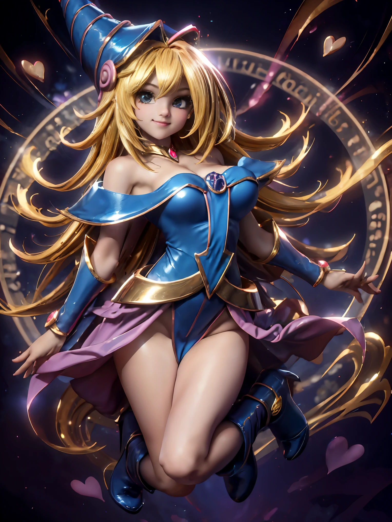 Dark magician gils en el aire, she is standing jumping, Magic hearts background. Sonrisa en sus labios. Ojos celestes. Cabello dorado. Pose sensual. Levitando en una pie. Tiene tacones. 1.1 Usa tacones azules y dorados . Usa tacones 