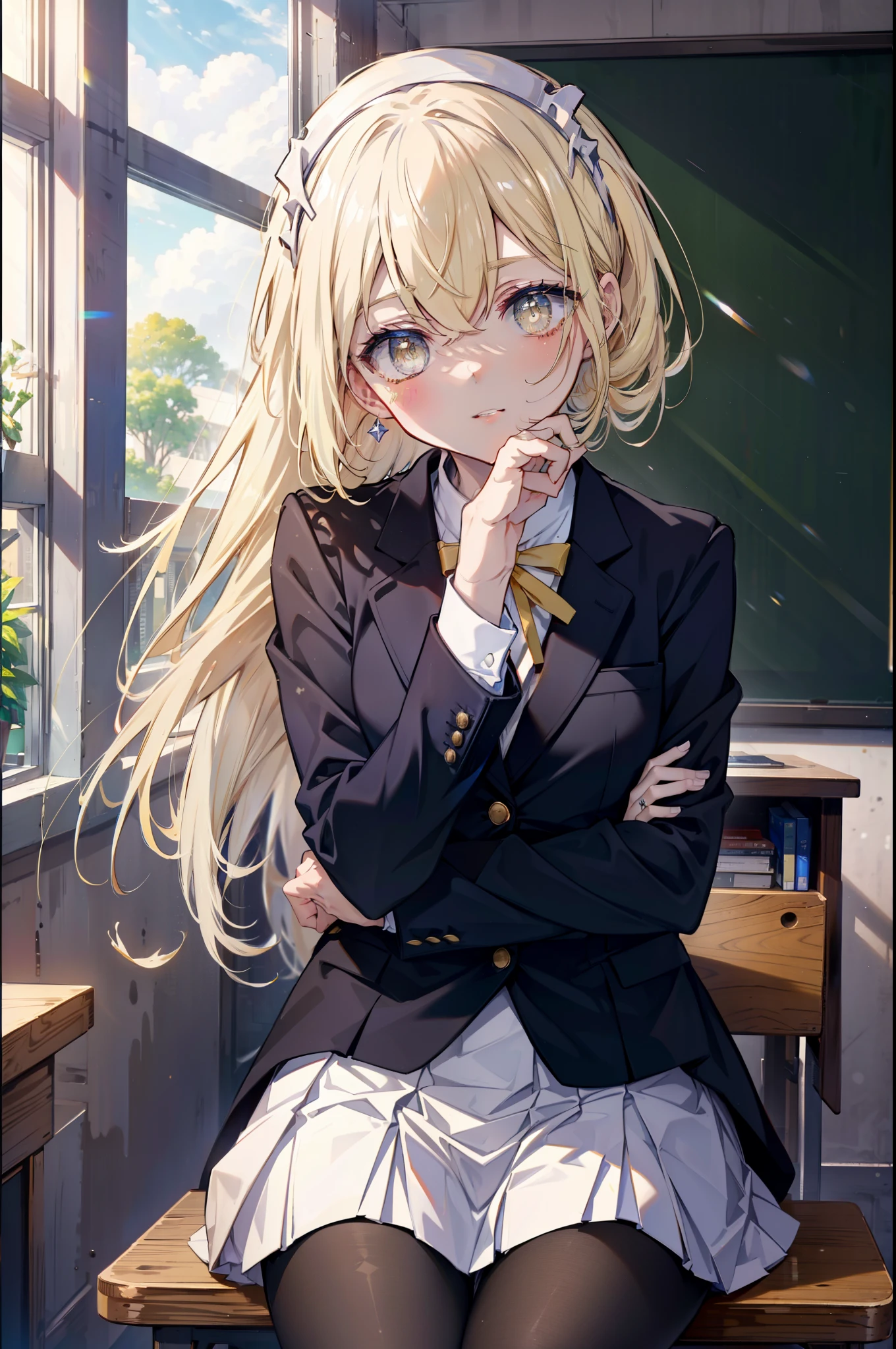 Izwallenstein, Eyes Wallenstein, long hair,blonde hair, hair ween eyes, White headband, (yellow eyes:1.5), side lock,smile,blush,school uniform, uniform, blazer, shirt, white shirt, collared shirt, skirt, pleated skirt,black pane,brown loafers,There is an open textbook on the desk,He rests his right elbow on the desk and rests his chin on it.,sitting in a chair,
break looking at viewer,whole body(cowboy shot:1. 5)
break indoors, classroom,
break (masterpiece:1.2), highest quality, High resolution, unity 8k wallpaper, (figure:0.8), (detailed and beautiful eyes:1.6), highly detailed face, perfect lighting, Very detailed CG, (perfect hands, perfect anatomy),
