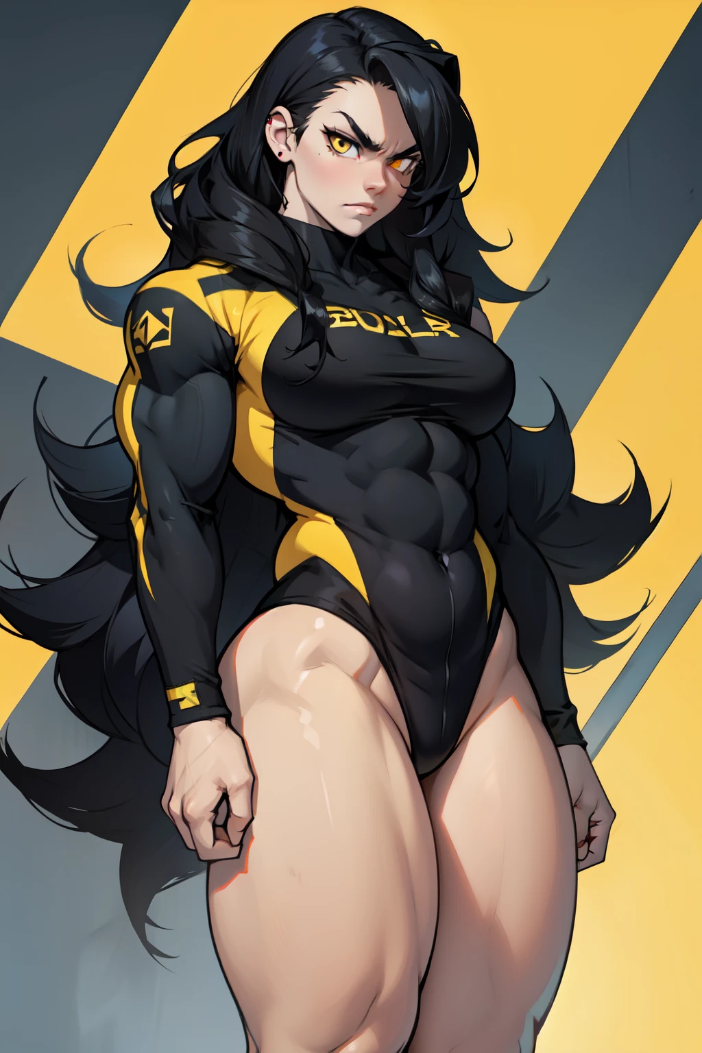 angry ((((1girl)))) (((bodybuilder))) pale skin black hair very long hair yellow eyes