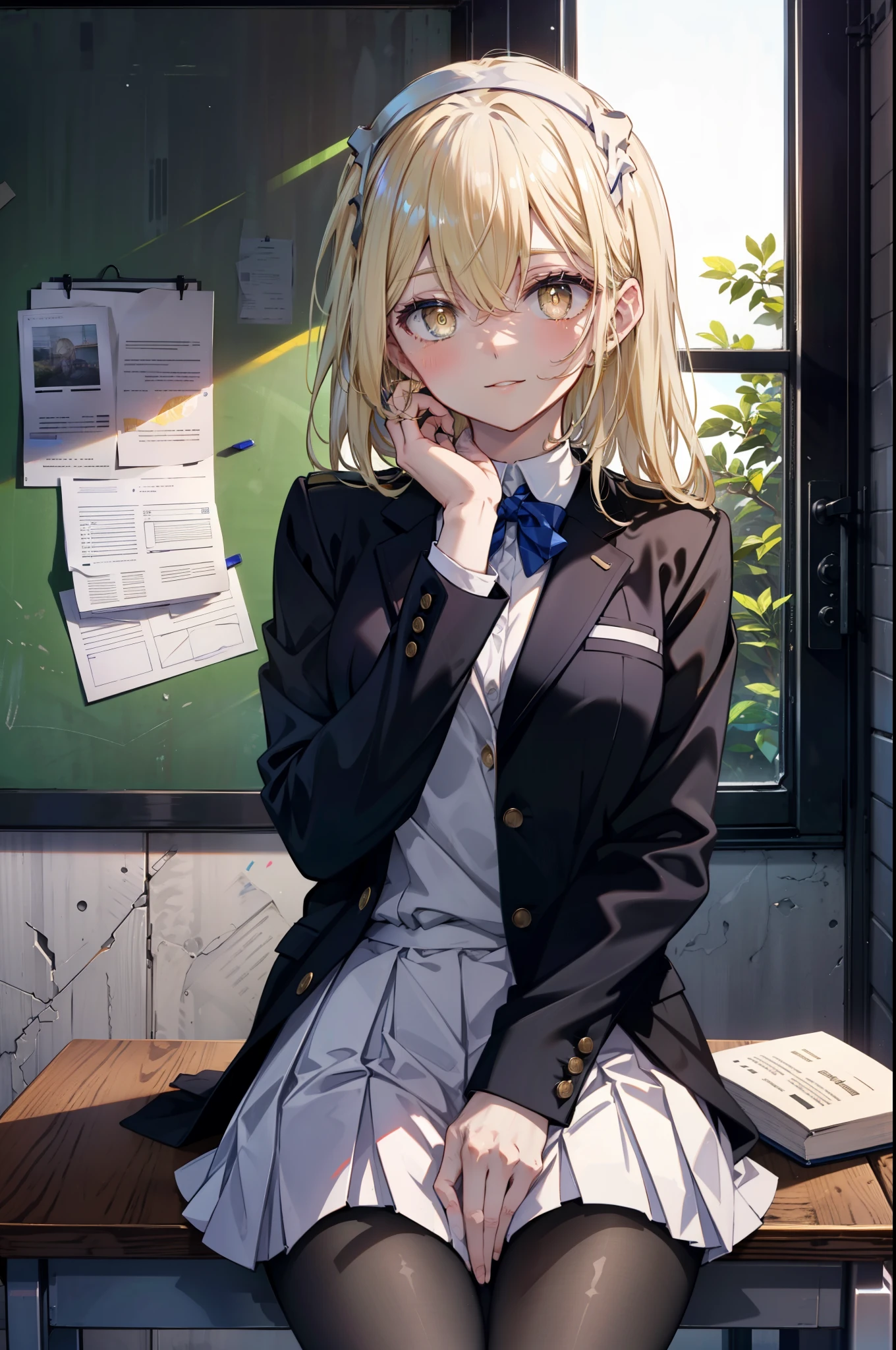 Izwallenstein, Eyes Wallenstein, long hair,blonde hair, hair between eyes, White headband, (yellow eyes:1.5), side lock,smile,blush,school uniform, uniform, blazer, shirt, white shirt, collared shirt, skirt, pleated skirt,black pantyhose,brown loafers,There is an open textbook on the desk,He rests his right elbow on the desk and rests his chin on it.,sitting in a chair,
break looking at viewer,whole body(cowboy shot:1. 5)
break indoors, classroom,
break (masterpiece:1.2), highest quality, High resolution, unity 8k wallpaper, (figure:0.8), (detailed and beautiful eyes:1.6), highly detailed face, perfect lighting, Very detailed CG, (perfect hands, perfect anatomy),