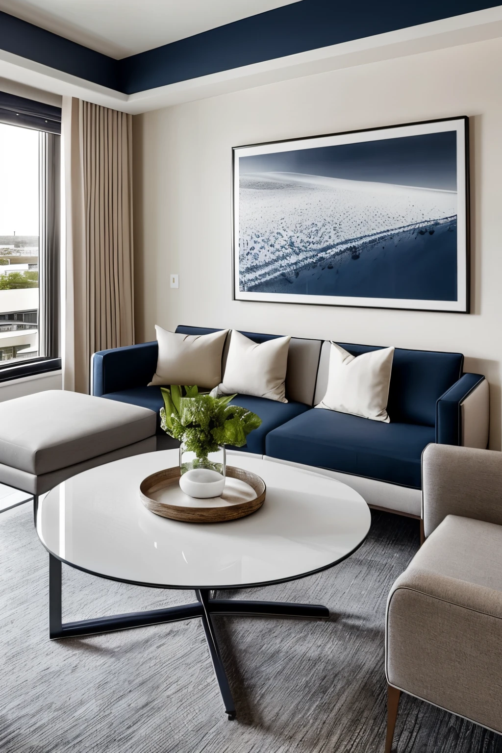 High-resolution photo series, capturing a contemporary office environment. The image showcases a realistic modern office work setting, adorned in sophisticated navy blue and white colors. In the background, a sleek work desk is elegantly arranged, complete with state-of-the-art technology and neatly organized documents. In the foreground, a cozy seating area beckons with a coffee table and plush lounge chairs, exuding comfort and relaxation. The composition is meticulously detailed, capturing every aspect of the workspace, from the intricate lighting to the subtle textures on the furniture. The photo series is shot in RAW format, allowing for enhanced dynamic range and realistic portrayal. The image presents a professional and inviting atmosphere, effortlessly blending functionality with a touch of sophistication. Each frame flirts with the viewer, inviting