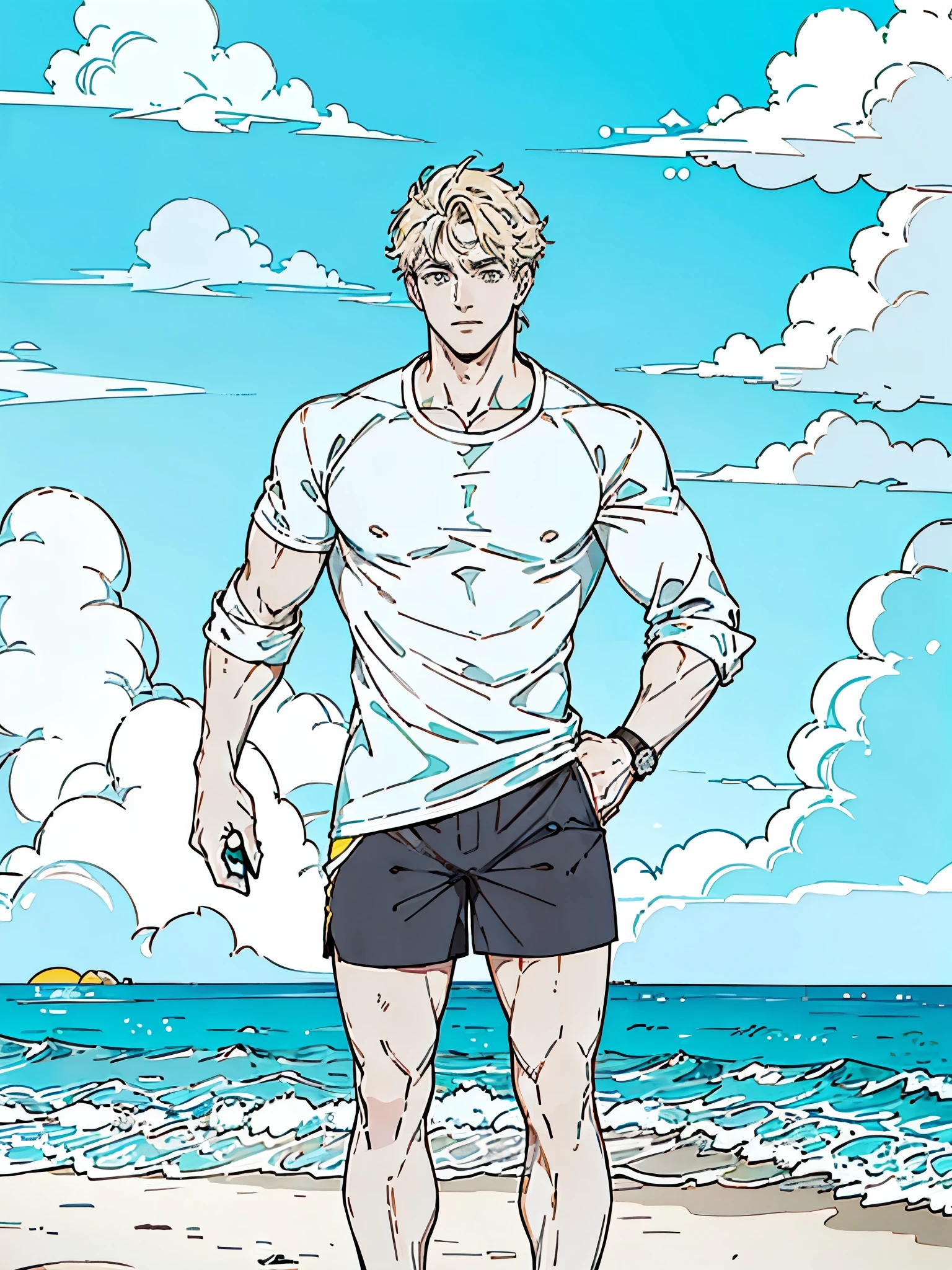 The handsome man only wears swimming shorts and a long-sleeved shirt rolled up to the elbow., with a huge volume and holds a cell phone in one hand. It is at the top of a colorful and fantastic beach. This image is being colored by a magical hand.