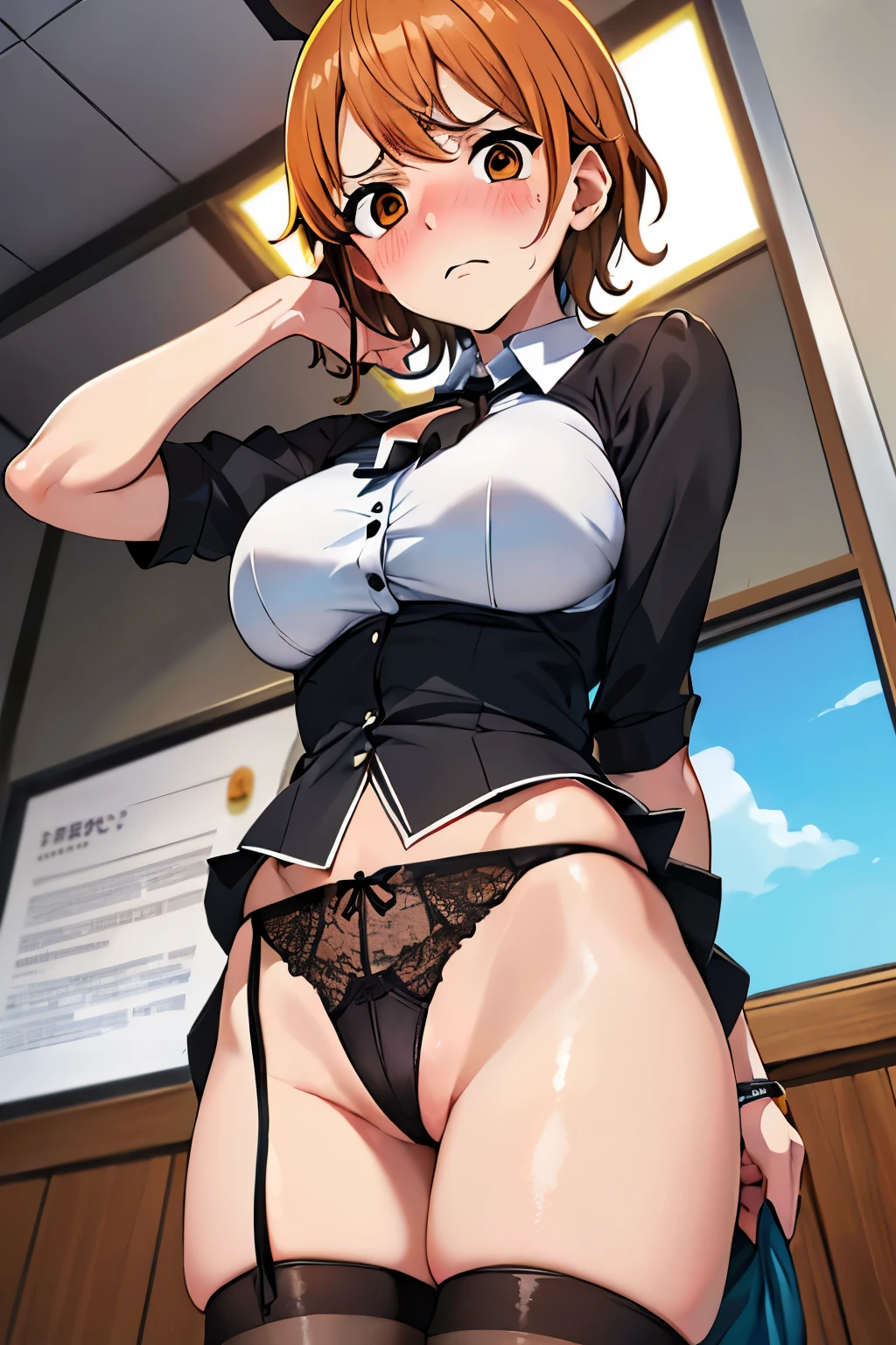 muste piece, best quality, 1 girl,brown hair, (black eye:1.2),((Office Lady)、((stockings))、((embarrassed expression))、((Nami))、((Photo from below))、(((blouse)))、((short hair))、((C cup breasts))、((mini skirt))、((panties))