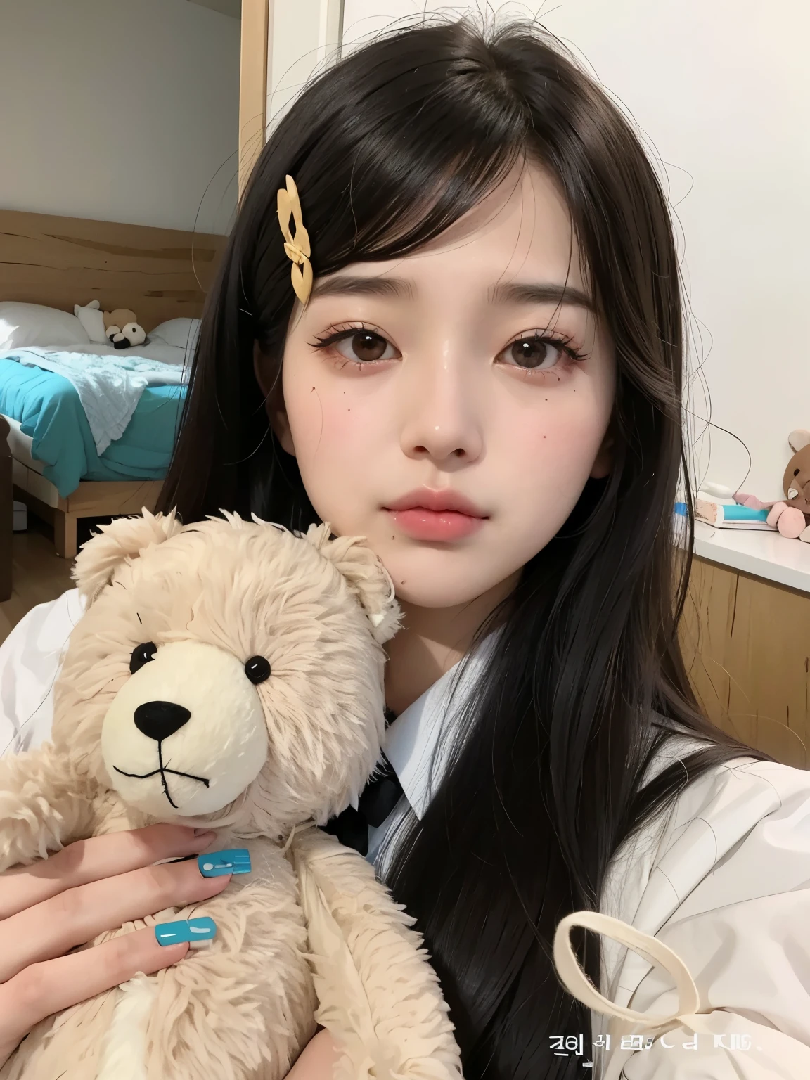araffe girl with long black hair holding a teddy bear, ulzzang, jaeyeon nam, wan adorable korean face, belle delphine, lalisa manobal, kim doyoung, young adorable korean face, sakimichan, korean girl, taejune kim, with cute - fine - face, heonhwa choe, jinyoung shin