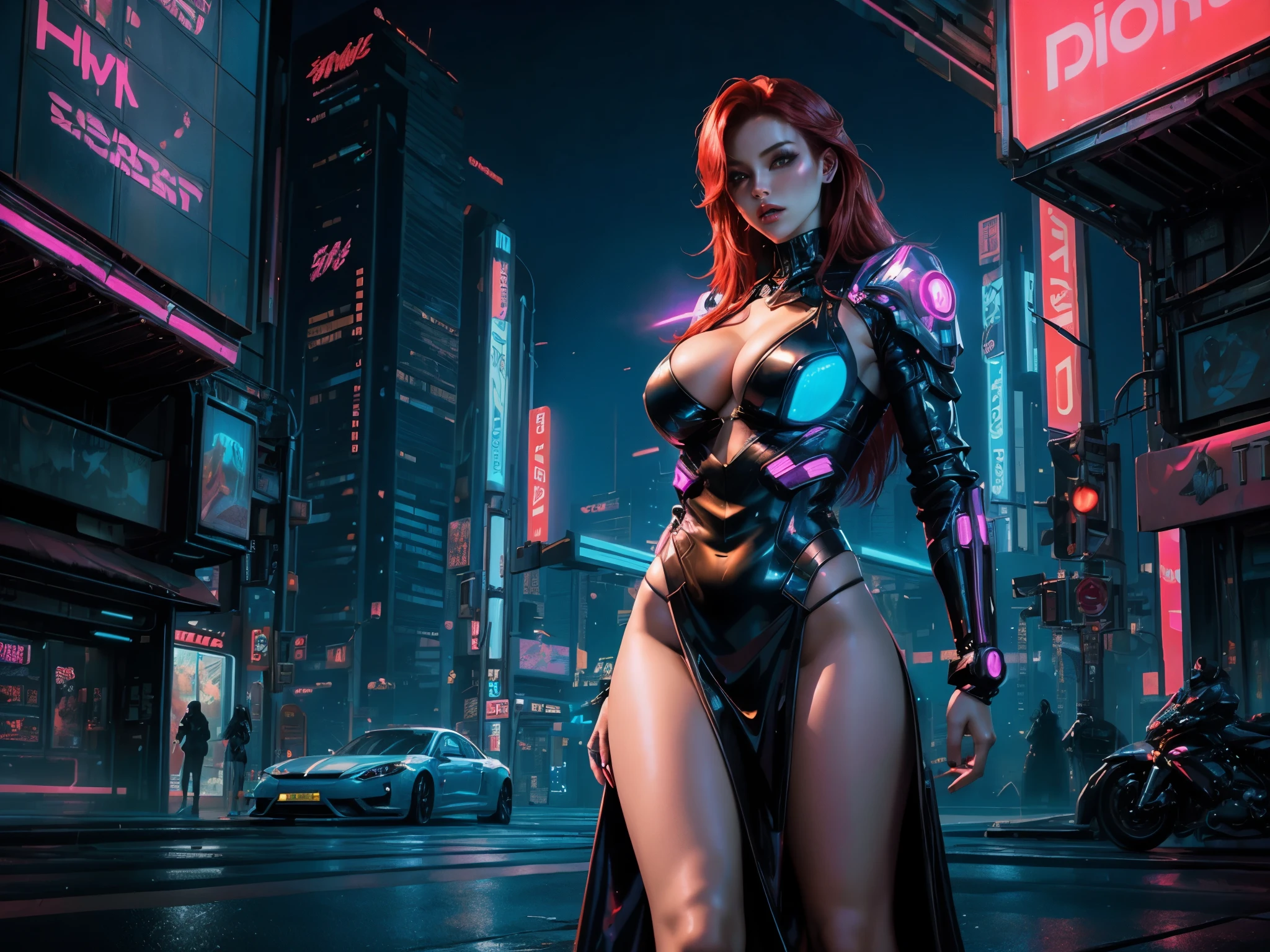 (Best Quality, Photorealistic: 1.37), Cyberpunk style girl, Modern cityscape, Nighttime scene, Endowed with large breasts, Possessing a beautiful slim body, Wearing a low-cut dress that reveals ample cleavage, Long red hair cascading down her back, Clad in metallic armor that shines under the neon lights, Striking a seductive pose with confident hands on her hips, Detailed facial features with expressive eyes, Vibrant neon lights illuminating her porcelain skin, Futuristic architecture and holographic advertisements serving as the backdrop.