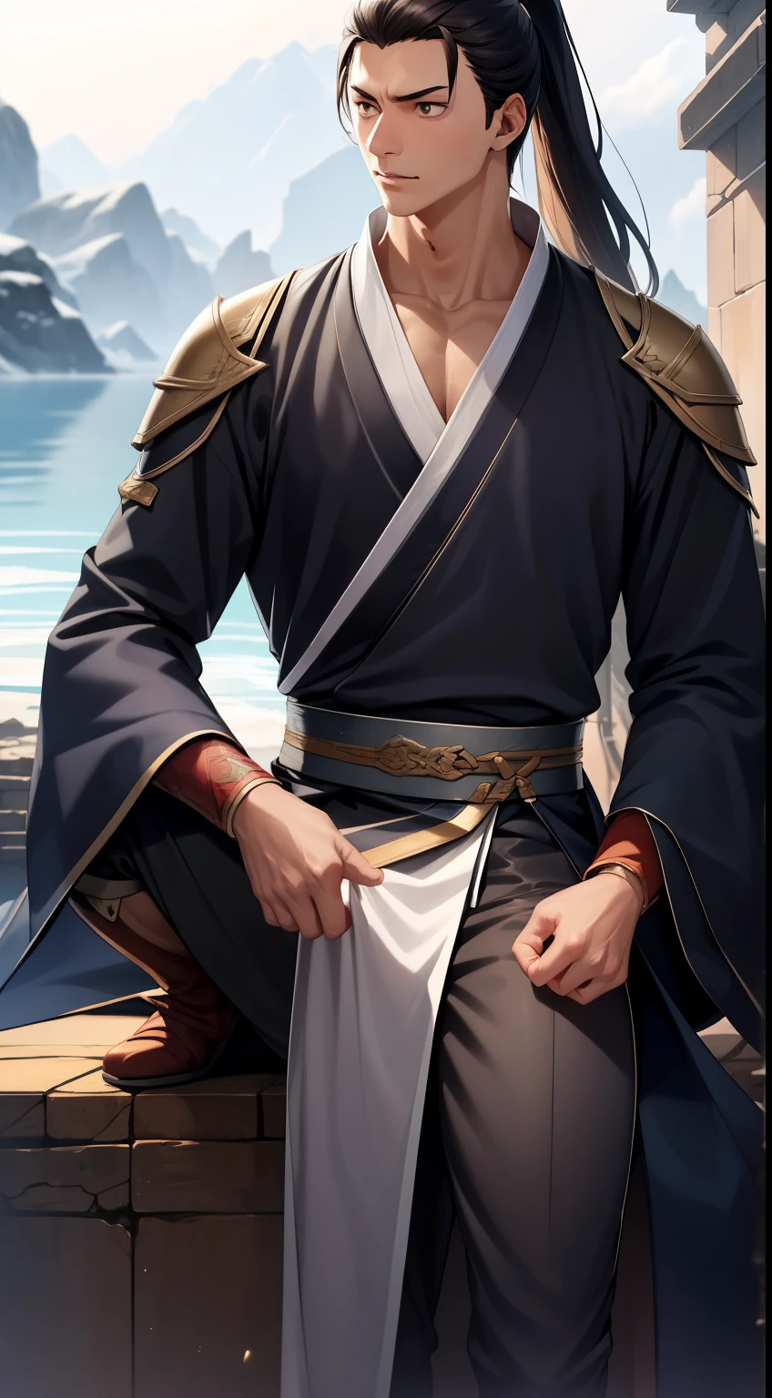 quadratic element,estilo de anime,uma pessoa(guerreiro masculino),The proportions are correct, white mask over the face,espadachins,penteado com rabo de cavalo alto,Neck details,There is an Adam's apple,Hanfu Negro,uma piada,toga preta,detalhes de roupas,Entregando,mangas mais longas,Qualidade do jogo,Esgrima,Rastreamento de luz e sombra,ray tracing,brilho detalhado,CG rendering,detalhe do cabelo,cabelos preto e longos,Bonito,Bonito,(sentido juvenil),Clothes are complicated,perfect composition,Refinamento,alta qualidade,detalhes mais altos,muitos detalhes,The background is complex,a sense of atmosphere,
