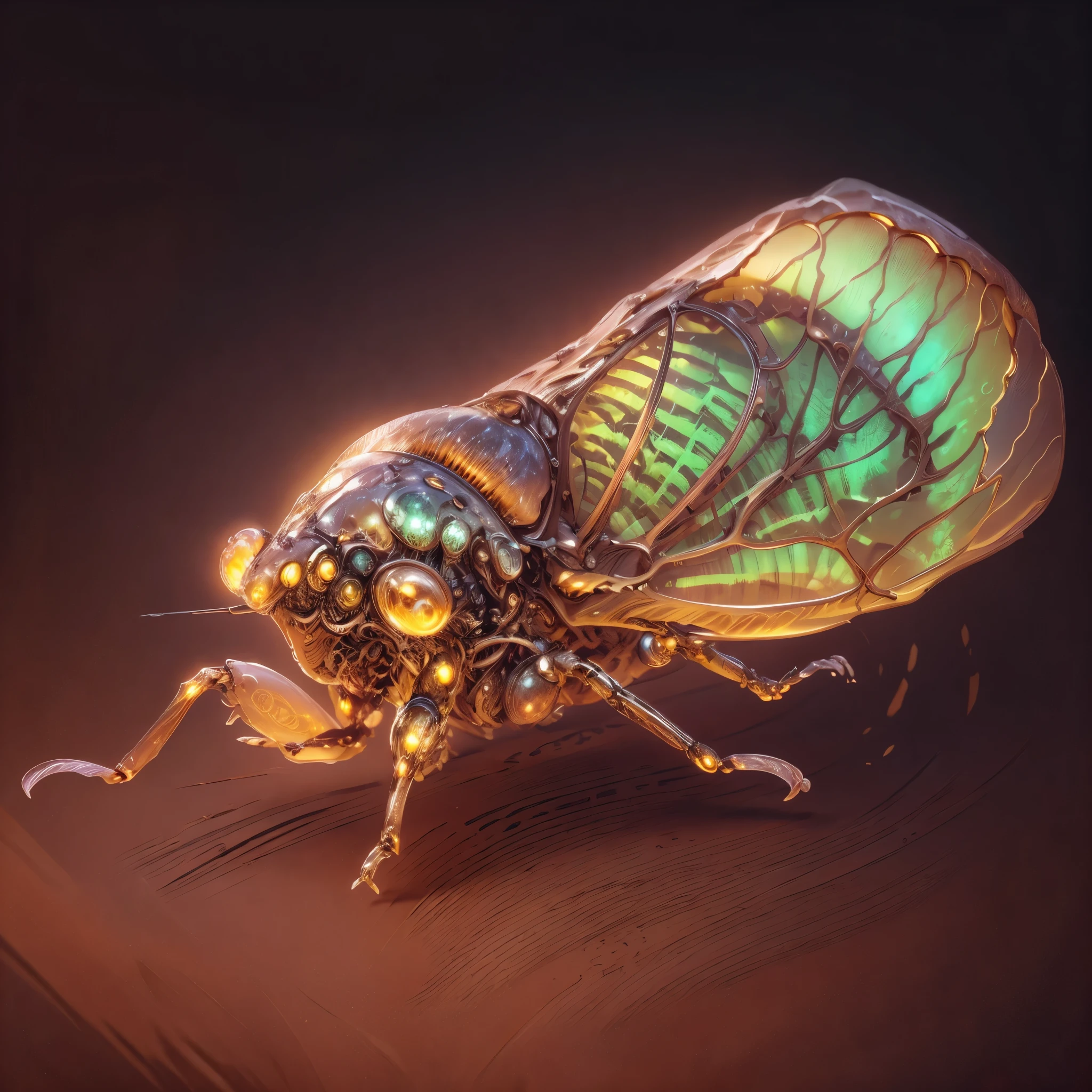 bioMechanical style Ultra detailed illustrations, phantom magical creature, (Translucent skin: 1.5), (translucent body: 1.5) The Art of Ms Schiff, neon lights, light particles, color, cmyk color, backlight, cyberpunk, close up, Mechanical, (whole body: 1.9), dark background, View from top to bottom. blend of organic and Mechanical elements, futuristic, cybernetic, detailed, complex,Selective focus, Miniature effects, blurred background, highly detailed, Energetic, View control,(Rich color:1.6),high res, meccog,cicada