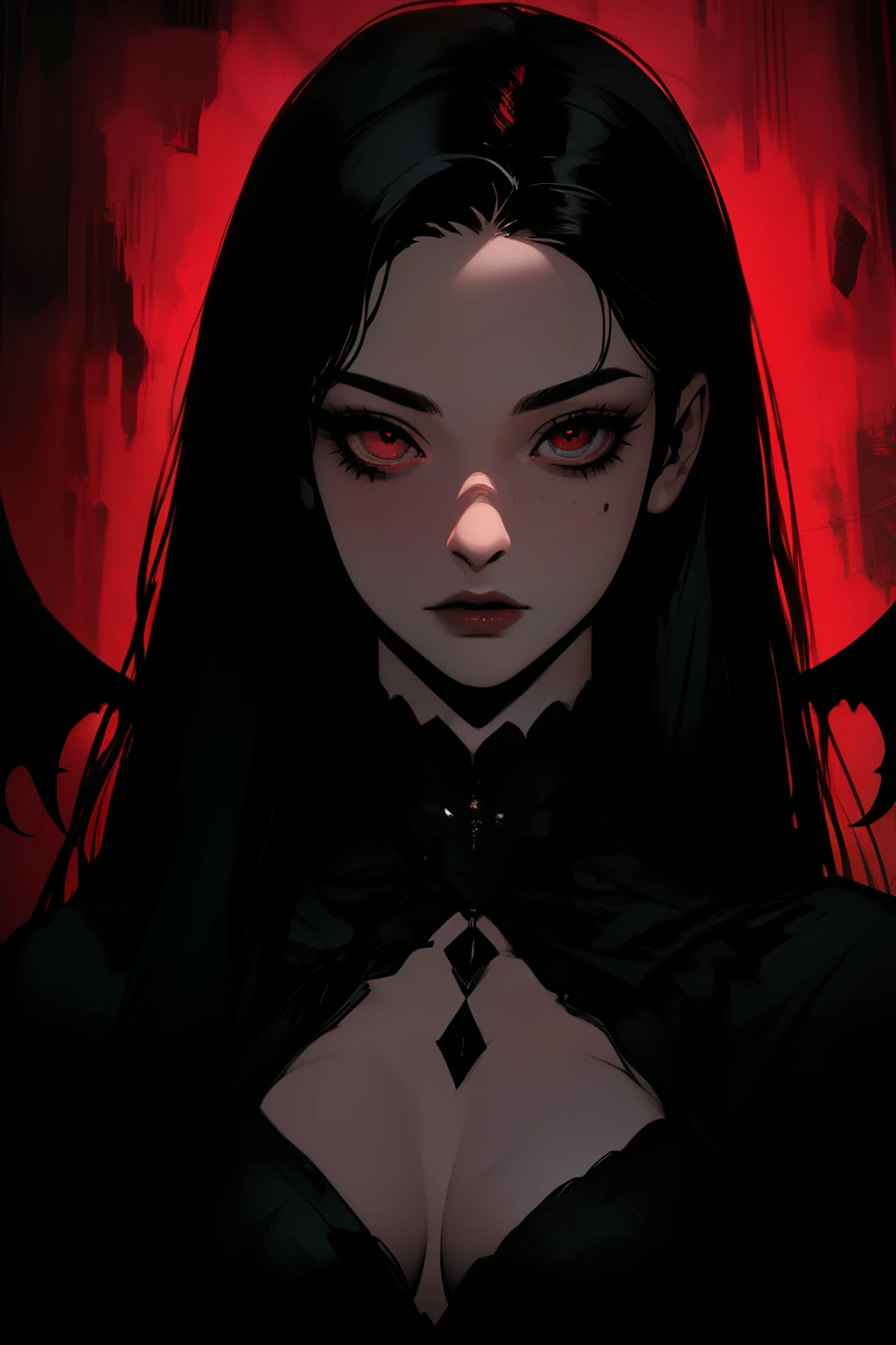 (Best quality,4K,8K,A high resolution,Masterpiece:1.2),Ultra-detailed,Beautiful detailed eyes,Long black hair,Red eyes,Black wings,[Demon wings],Extremely detailed eyes and face,[Black gloves],demon,[Red dress],dark scenery,sportrait,Colorful lighting,Sharp focus,Vivid colors，full bodyesbian