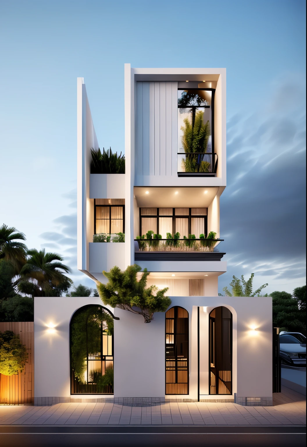 rendering of a modern residential townhouse, professional render, wide angle exterior 2023, highly detailed render, high quality rendering, realistic render, architectural render, high-quality render, detailed rendering, hyper-realistic render, hyper - realistic render, very realistic 3 d render, high render, realistic rendering, very realistic render