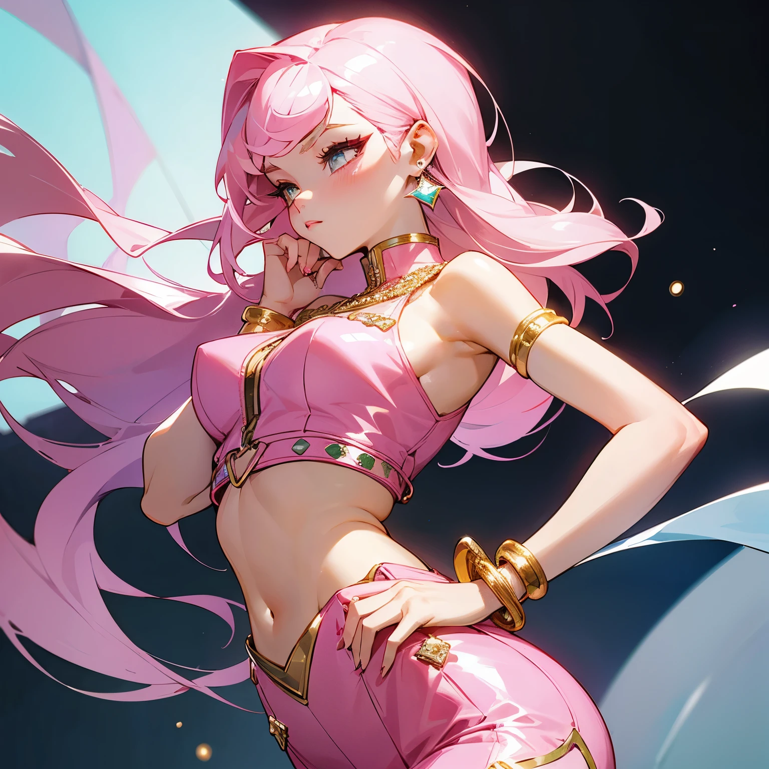 a girl with shoulder-length pastel pink hair, two pearl bracelets on her right arm that were touching her chin. gold branded bag, crop top suit and silver skirt studded with diamonds. She uses Korean style make-up