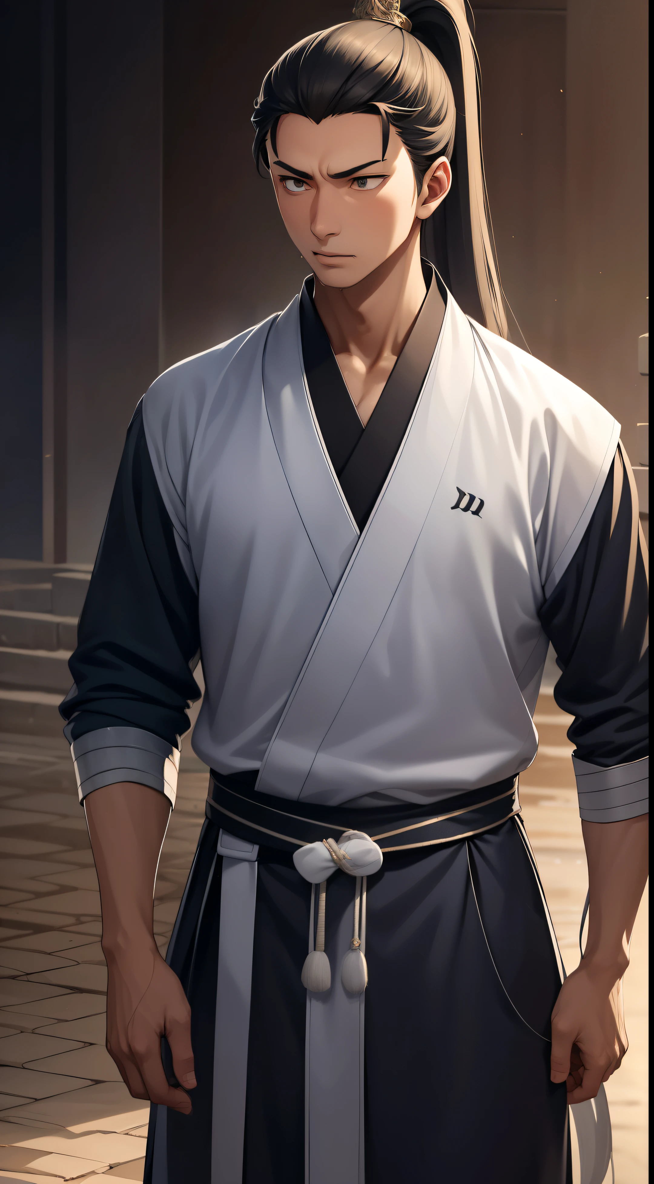quadratic element,estilo de anime,uma pessoa(guerreiro masculino),The proportions are correct, white mask over the face,espadachins,penteado com rabo de cavalo alto,Neck details,There is an Adam's apple,Hanfu ?????,uma piada,toga preta,detalhes de roupas,Entregando,mangas mais longas,Qualidade do jogo,Esgrima,Rastreamento de luz e sombra,ray tracing,brilho detalhado,CG rendering,detalhe do cabelo,cabelos preto e longos,Bonito,Bonito,(sentido juvenil),Clothes are complicated,perfect composition,Refinamento,alta qualidade,detalhes mais altos,muitos detalhes,The background is complex,a sense of atmosphere,