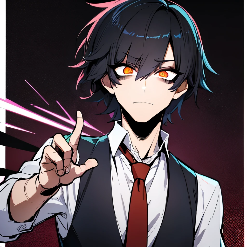 jk, 2d art, 2d render, illustration, digital art, hard shading, 1man, black messy hair, glowing, glowing eye, gradient background, looking at viewer, necktie, red background, ringed eyes, shaded face, shirt, solo, upper body, white shirt, red eyes, incredibly absurdres, best quality