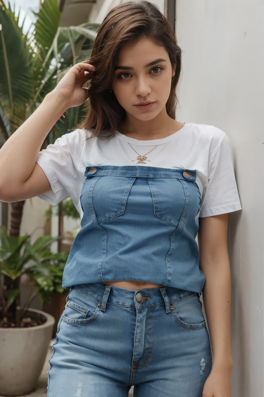 1 garota loira dos olhos azuis de 18 anos de idade com uma blusa branca e short jeans