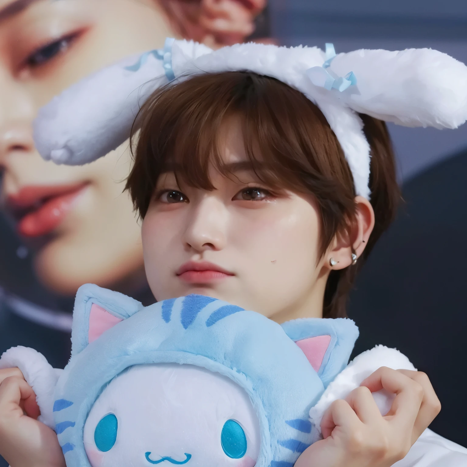 Araffe with blue and white cat ears holding a stuffed animal, Cai Xukun, adorable and pale korean face, Jinyoung Shin, Jungkook, Jung Jaehyun, taejune kim, Jinyoung Shin aesthetic, Sakimichan, rosto bonito e claro, Jaeyeon Nam, Kim Doyoung, Hong junho hyung, Lalisa Manobal, cute smol cat wearing smol hat