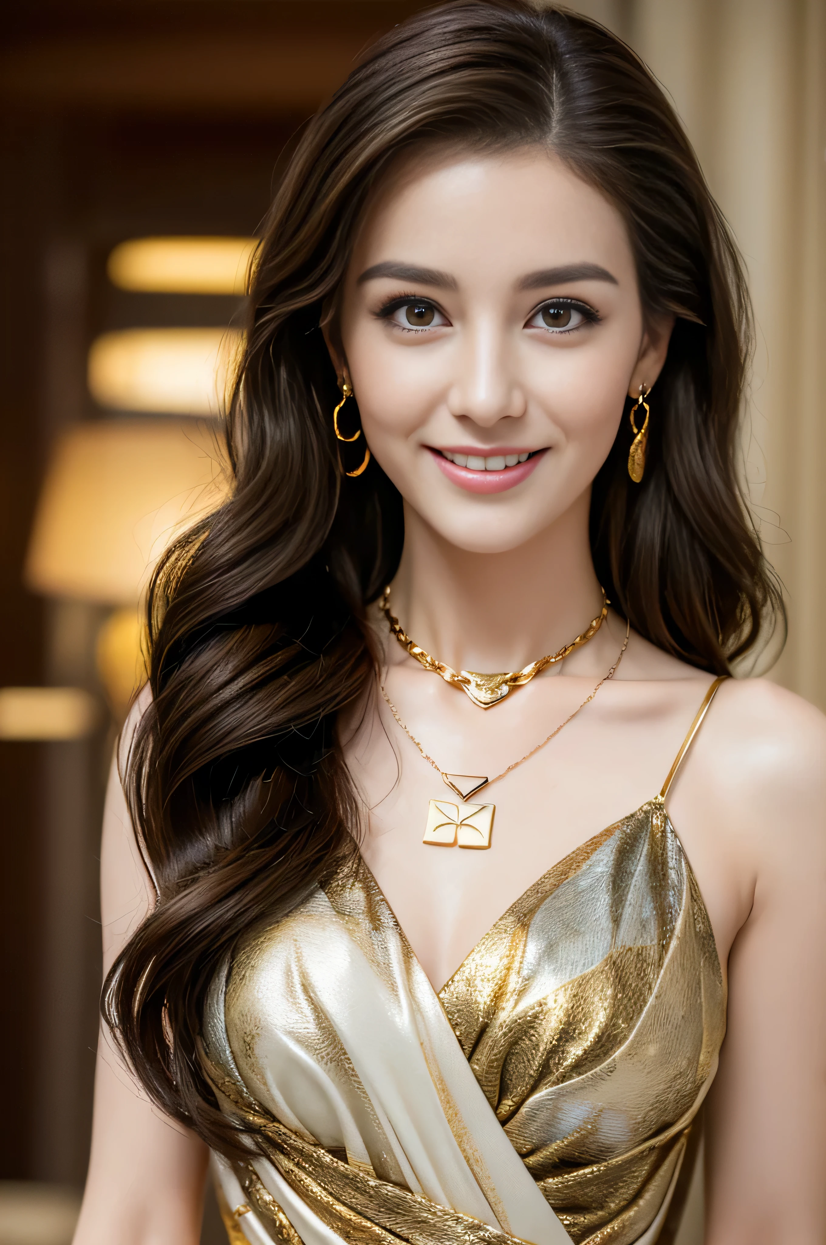 ((Highest image quality、8K、masterpiece:1.3))、1girl in、smile、Full body Esbian、slim face、cute woman、(dark brown hair)、super detailed face、detailed eyes、double eyelid、blurred background、slim face、in the hotel lobby、Standing gracefully、waiting for someone、((Super long brown hair:1.2))、((Hair with loose waves inside:1.2)),((gold necklace_Large earrings:1.2)),((abstract printed dresses))