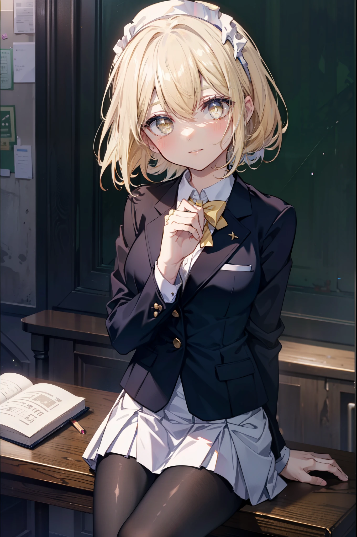 Izwallenstein, Eyes Wallenstein, long hair,blonde hair, hair between eyes, White headband, (yellow eyes:1.5), side lock,smile,blush,school uniform, uniform, blazer, shirt, white shirt, collared shirt, skirt, pleated skirt,black pantyhose,brown loafers,There is an open textbook on the desk,He rests his right elbow on the desk and rests his chin on it.,sitting in a chair,
break looking at viewer,whole body(cowboy shot:1. 5)
break indoors, classroom,
break (masterpiece:1.2), highest quality, High resolution, unity 8k wallpaper, (figure:0.8), (detailed and beautiful eyes:1.6), highly detailed face, perfect lighting, Very detailed CG, (perfect hands, perfect anatomy),