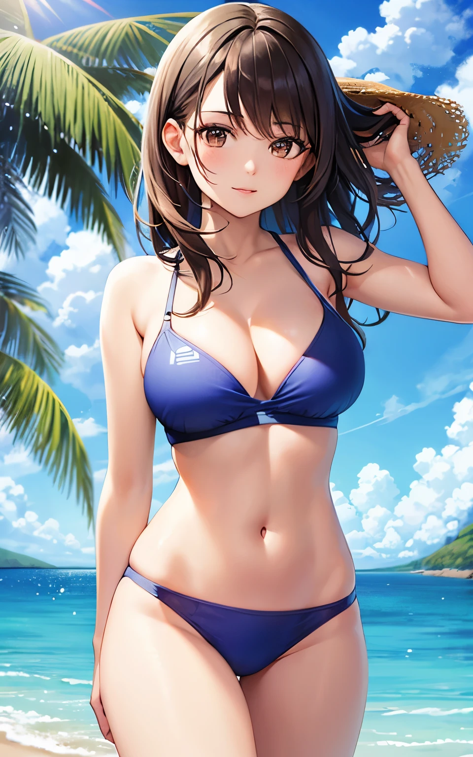 best quality, cute girl, resort island, bright sun, smooth skin, lively atmosphere, realistic, digital painting, refreshing water, energetic atmosphere, vibrant colors, (colorful swimwear), brown eyes, Upper body is shown,