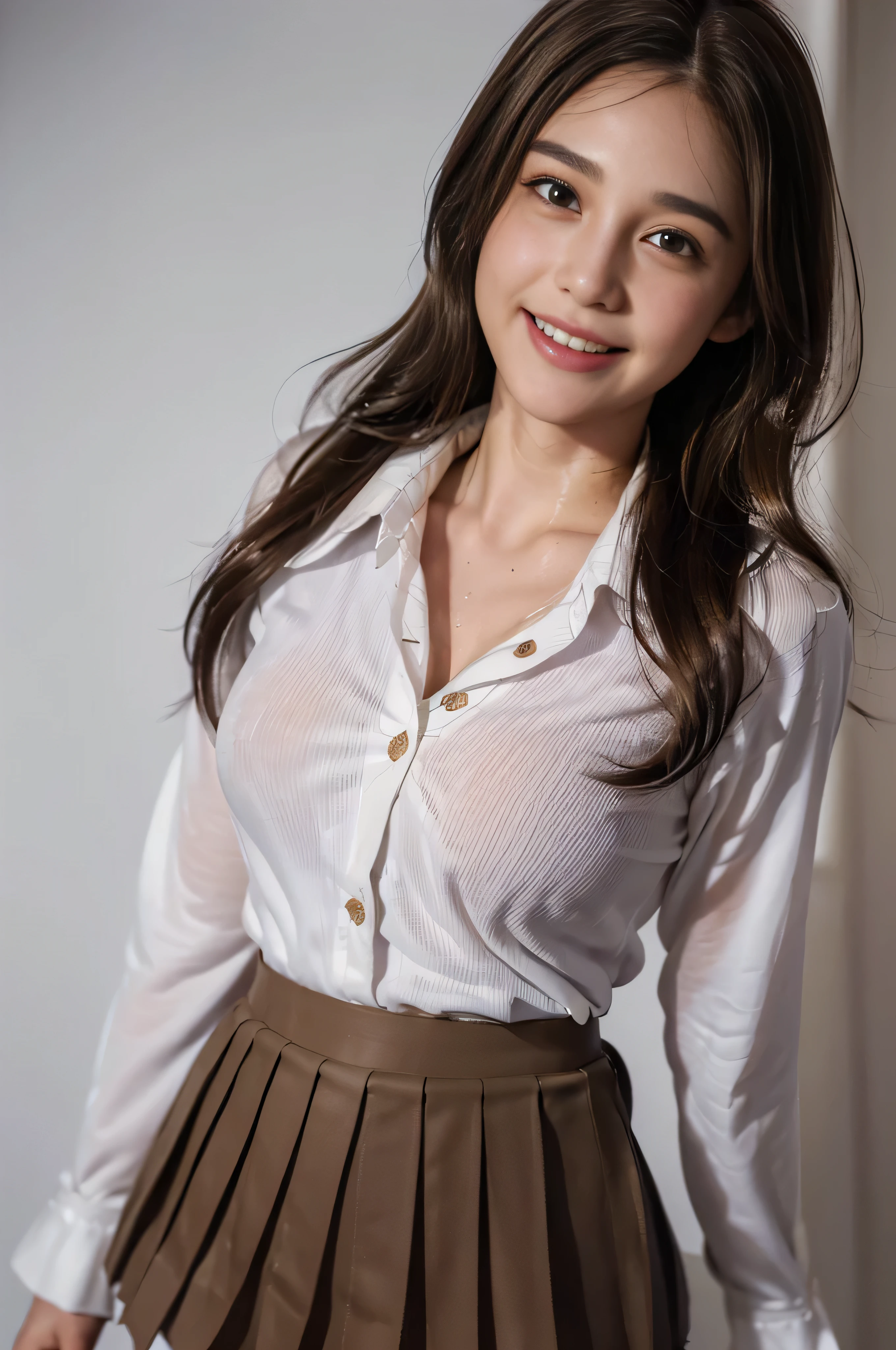 ((beautiful girl:1.3))((uniform:1.4))((panty shot:1.3)) ((sweaty:1.5))((face flushed:1.4)) ((medium breasts:1.4)) ((Close-up:1.2)) highest quality、masterpiece、ultra high resolution、(photorealistic:1.4)、Raw photo、(real skin texture:1.3)、(film grain:1.3)、panorama、character portrait、very wide shot、narrow waist、cowboy shot、(in the dark、deep shadow、moderate、in the cold light、)night、(())、flowing tears、、dust、Tyndall effect、(expression),1girl,beautiful detailed eyes and face,white jabot,brown eyes,((brown hair:1.2)) ((whole body:1.3)) ((smile:1.3))、((Super long brown hair:1.2))、((Hair with loose waves inside:1.2)),、((white long sleeve button up blouse_with collar_Remove up to the second button_brown pleated mini skirt:1.3)),