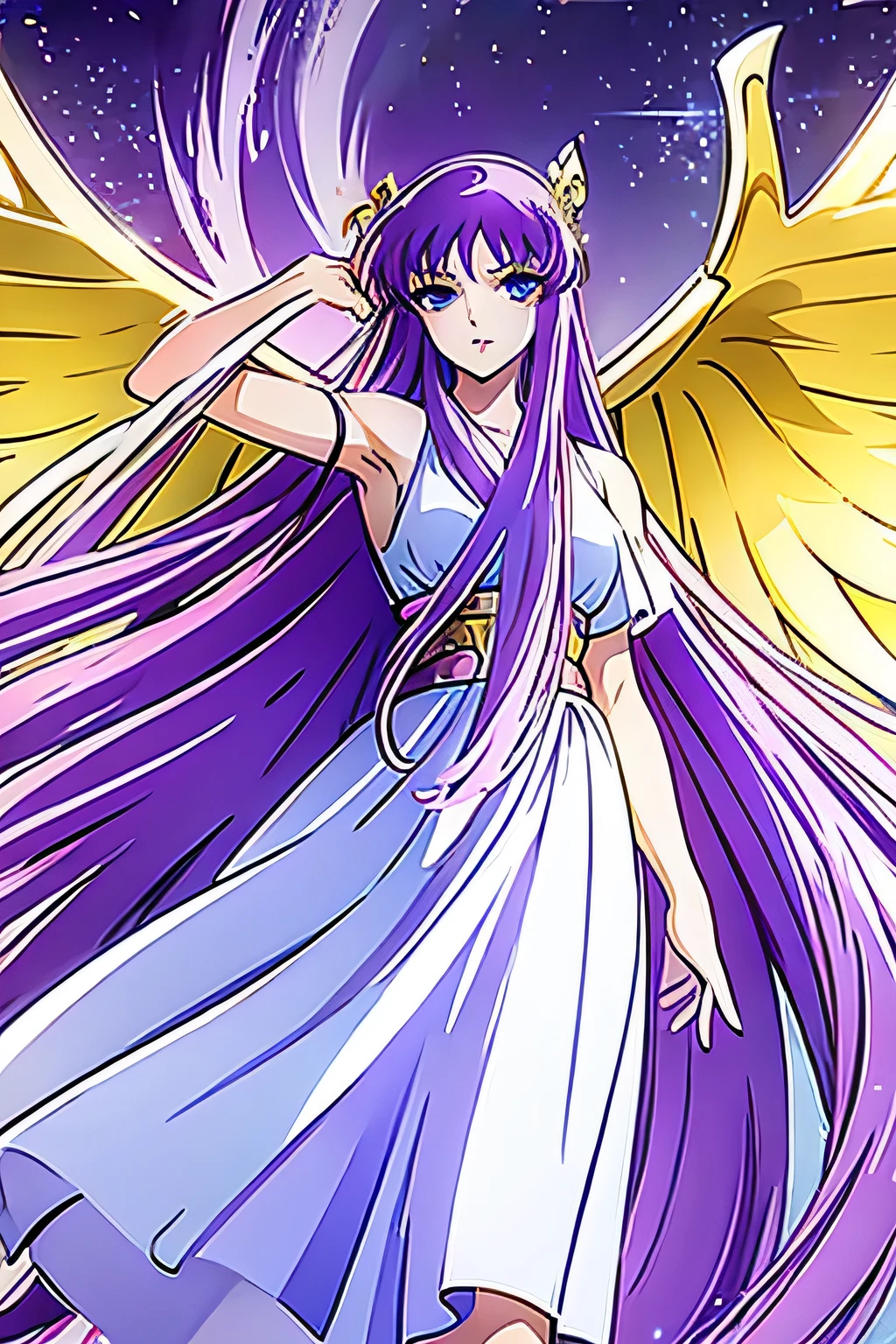 saori kido, athena, goddess, long lavender hair, greek toga