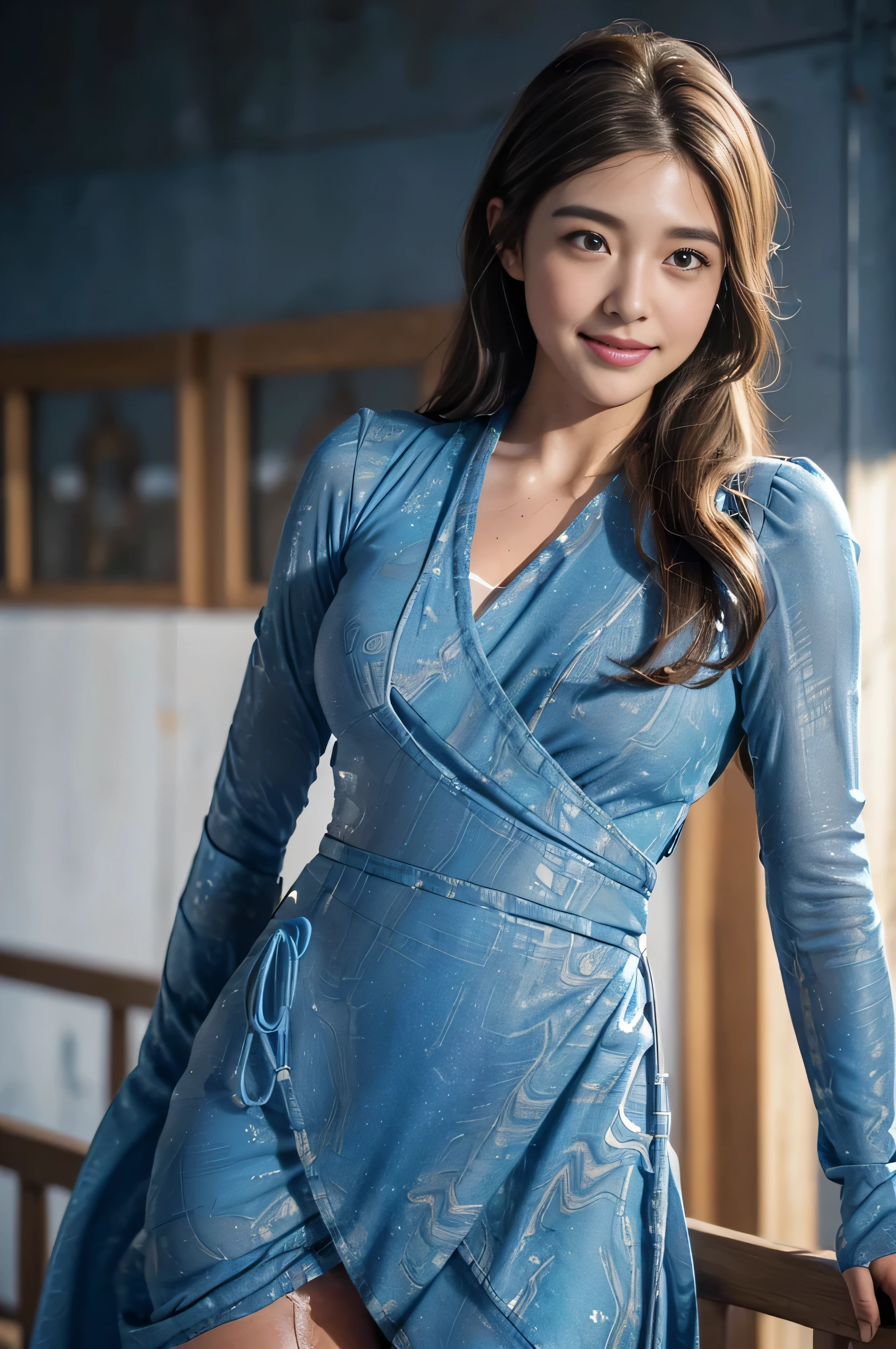 ((beautiful girl:1.3))((uniform:1.4))((panty shot:1.3))((sweaty:1.5))((face flushed:1.4))((medium breasts:1.4))((Close-up:1.2)) highest quality、masterpiece、ultra high resolution、(photorealistic:1.4)、Raw photo、(real skin texture:1.3)、(film grain:1.3)、panorama、character portrait、very wide shot、narrow waist、cowboy shot、(in the dark、deep shadow、moderate、in the cold light、)night、(())、flowing tears、、dust、Tyndall effect、(expression),1girl,beautiful detailed eyes and face,white jabot,brown eyes,((brown hair:1.2)) ((whole body:1.3)) ((smile:1.3))、((Super long brown hair:1.2))、((Hair with loose waves inside:1.2)),(((abstract blue print dress_long sleeve_wrap dress:1.3)))、in the school classroom、Standing gracefully、In the School Rooftop
