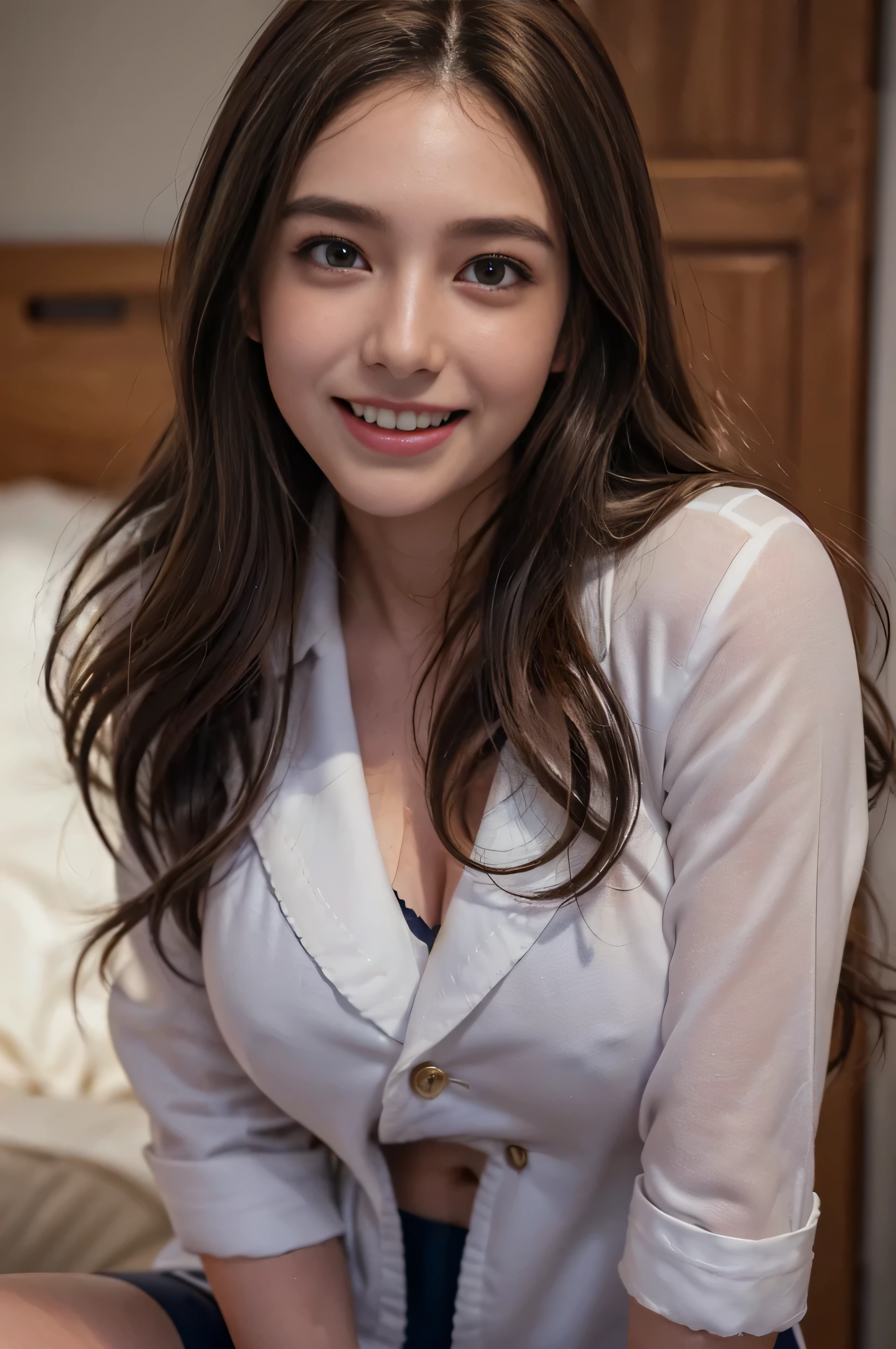 ((beautiful girl:1.3))((uniform:1.4))((panty shot:1.3))((sweaty:1.5))((face flushed:1.4))((medium breasts:1.4))((Close-up:1.2)) highest quality、masterpiece、ultra high resolution、(photorealistic:1.4)、Raw photo、(real skin texture:1.3)、(film grain:1.3)、panorama、character portrait、very wide shot、narrow waist、cowboy shot、(in the dark、deep shadow、moderate、in the cold light、)night、(())、flowing tears、dust、Tyndall effect、(expression),1girl,beautiful detailed eyes and face,white jabot,brown eyes,((brown hair:1.2)) (whole body:1.3)) (smile:1.3))、navy sailor suit、((Super long brown hair:1.2))、((Hair with loose waves inside:1.2)),